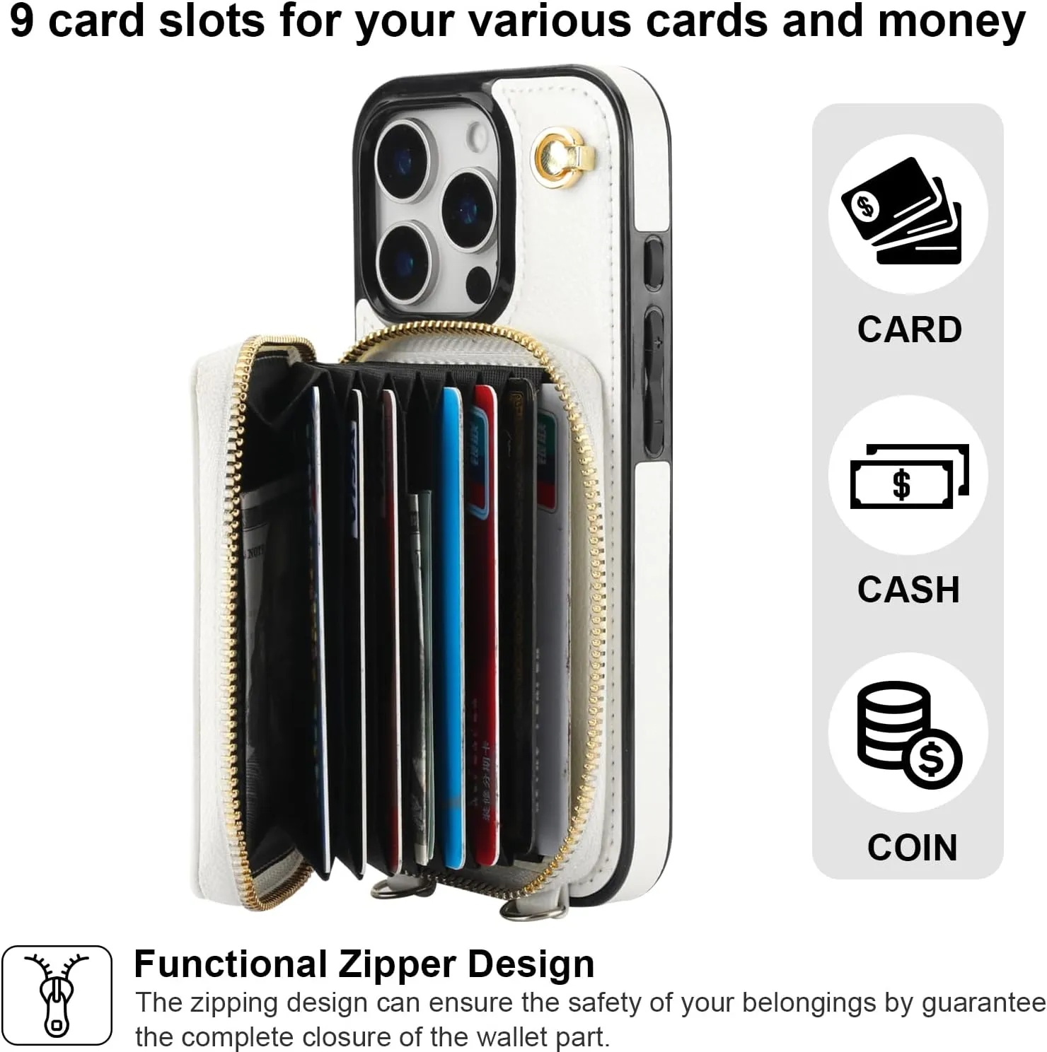 Bocasal Crossbody Wallet Case for iPhone 16 Pro, RFID Blocking Leather Purse Case with Card Holder, Protective Handbag Flip Cover with Zipper Wrist Strap Lanyard for Women 5G 6.3 Inch (White)