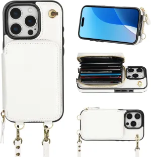 Bocasal Crossbody Wallet Case for iPhone 16 Pro, RFID Blocking Leather Purse Case with Card Holder, Protective Handbag Flip Cover with Zipper Wrist Strap Lanyard for Women 5G 6.3 Inch (White)