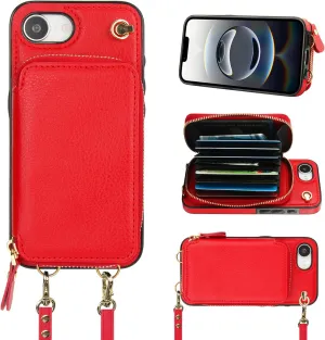 Bocasal Crossbody Wallet Case for iPhone 16e, RFID Blocking Leather Purse Case with Card Holder, Protective Handbag Flip Cover with Zipper Wrist Strap Lanyard for Women 5G 6.1 Inch (Red)