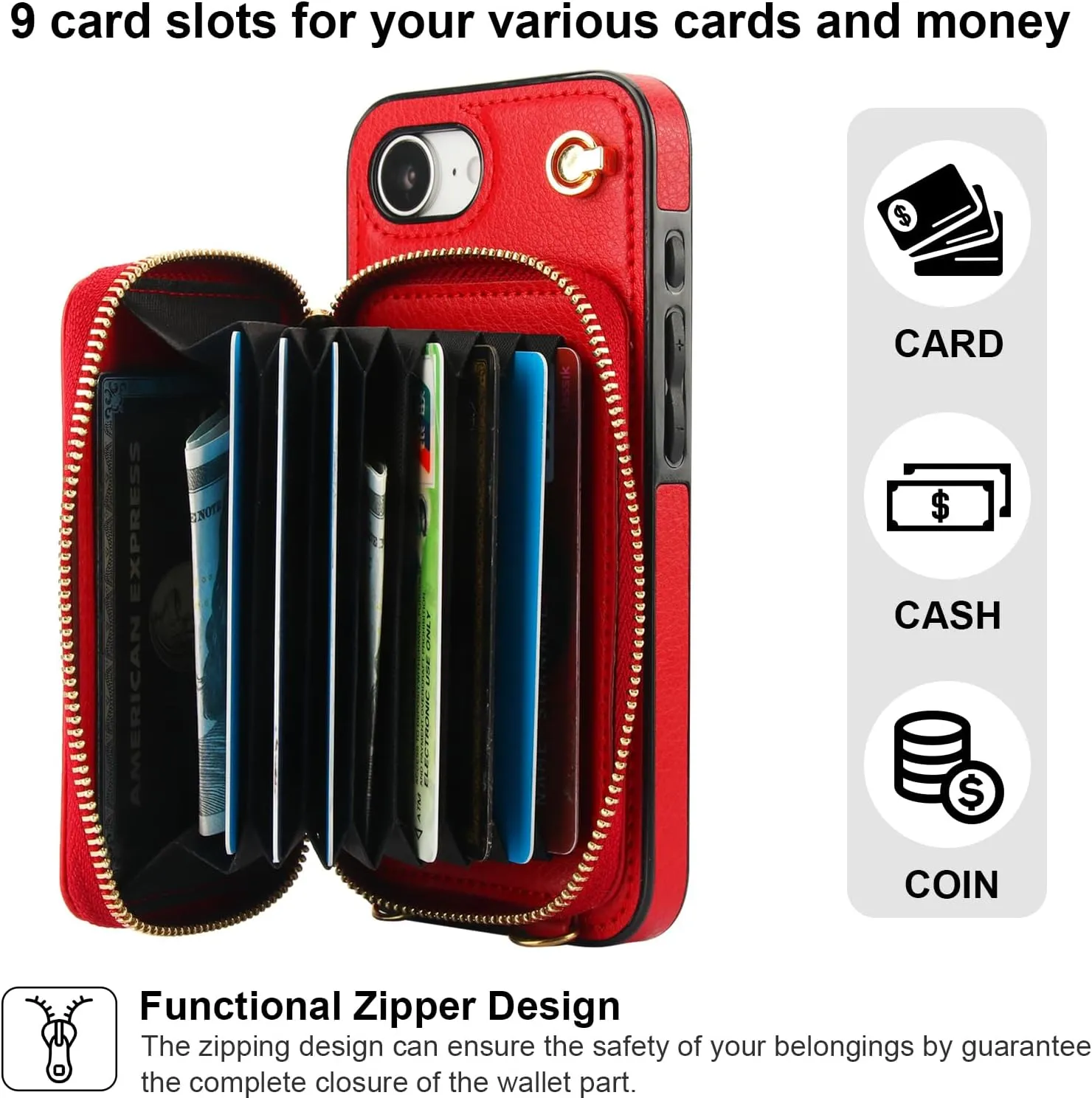 Bocasal Crossbody Wallet Case for iPhone 16e, RFID Blocking Leather Purse Case with Card Holder, Protective Handbag Flip Cover with Zipper Wrist Strap Lanyard for Women 5G 6.1 Inch (Red)