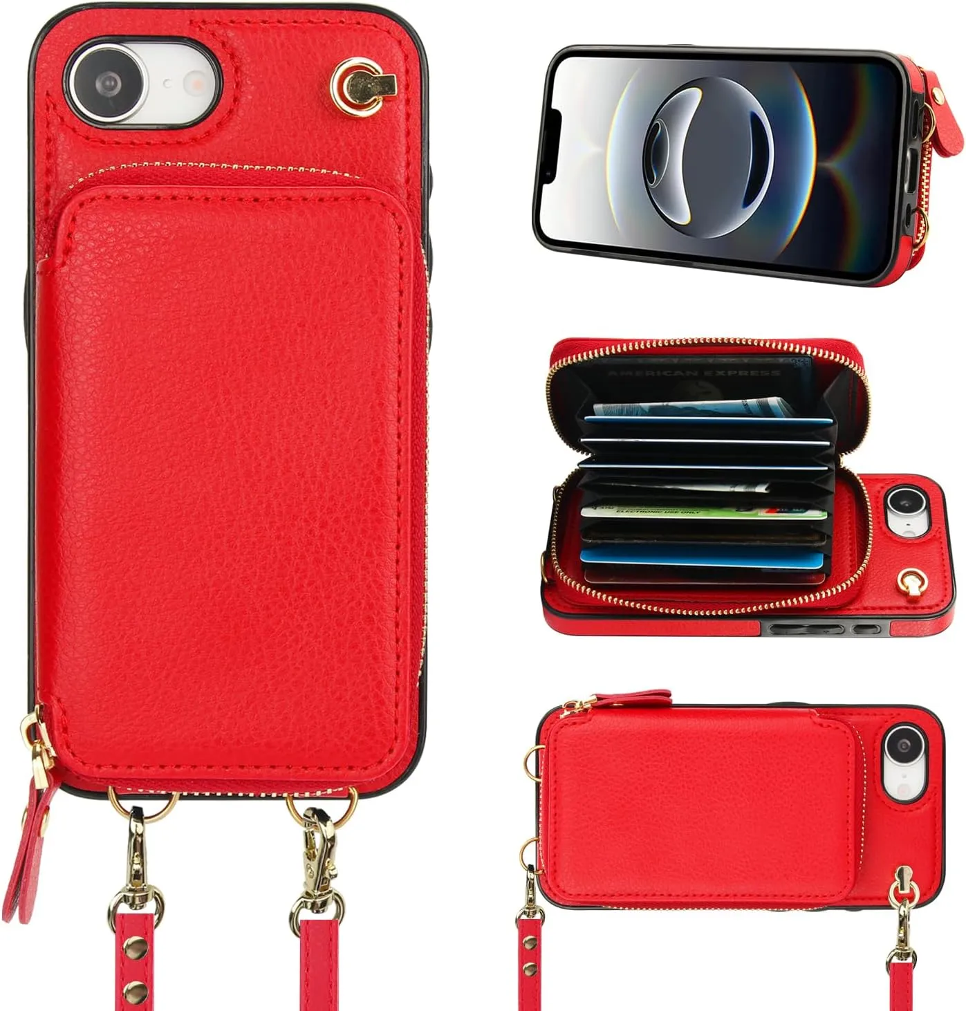 Bocasal Crossbody Wallet Case for iPhone 16e, RFID Blocking Leather Purse Case with Card Holder, Protective Handbag Flip Cover with Zipper Wrist Strap Lanyard for Women 5G 6.1 Inch (Red)