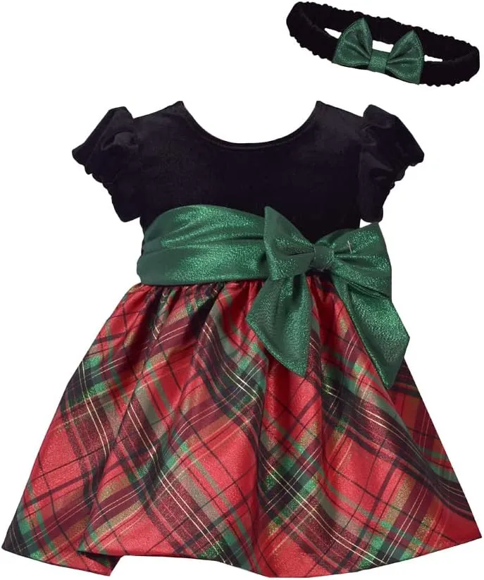 Bonnie Jean Girls Holiday Christmas Dress - Classic Plaid with Velvet with Hair Accessories