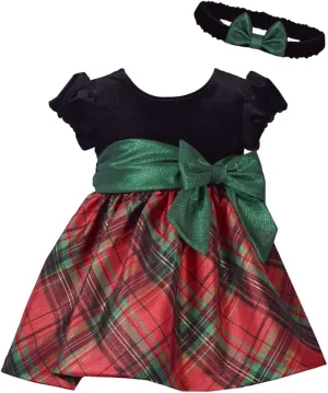 Bonnie Jean Girls Holiday Christmas Dress - Classic Plaid with Velvet with Hair Accessories