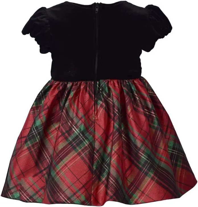 Bonnie Jean Girls Holiday Christmas Dress - Classic Plaid with Velvet with Hair Accessories