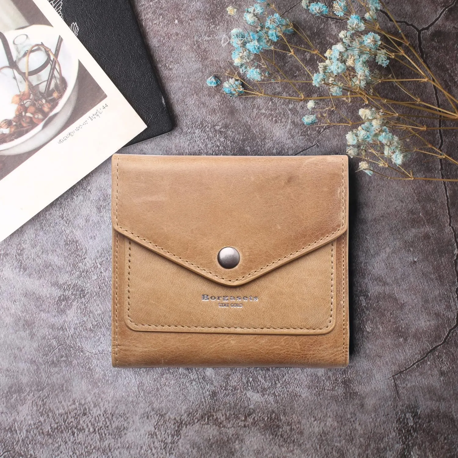 Borgasets Small Wallet for Women Genuine Leather RFID Blocking Card Holder Organizer Pocket Compact Bifold Ladies Mini Purse