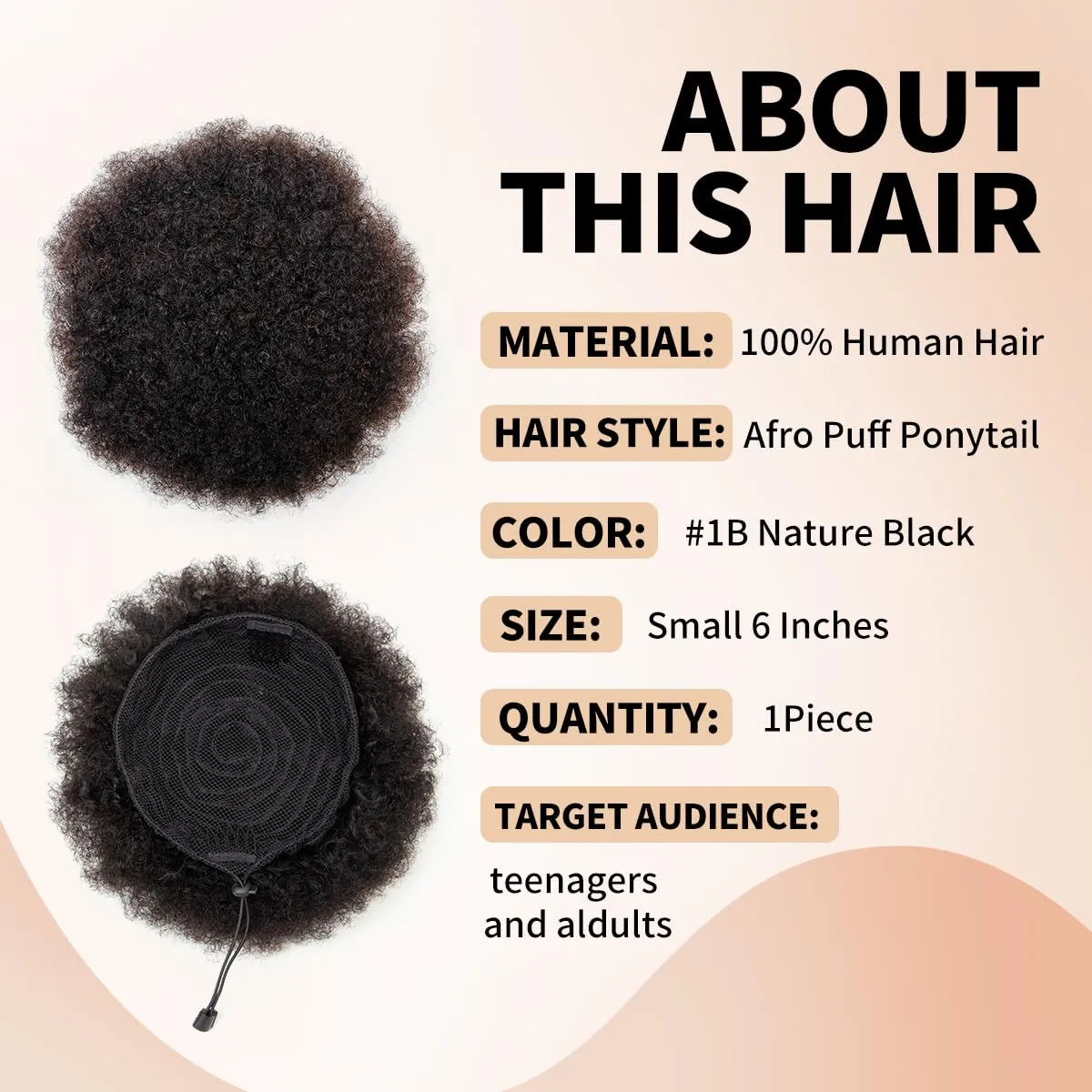 Boymia Afro Puff Ponytail for Black Women - Natural Black 6 Inch 100% Human Hair Puff Hair Extensions Clip On Kinky Curly Ponytail Bun Durable Natural Soft and Smooth Hairpiece