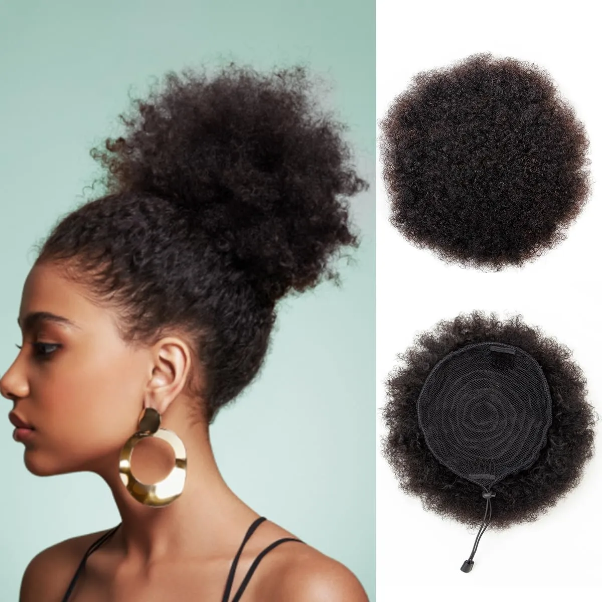 Boymia Afro Puff Ponytail for Black Women - Natural Black 6 Inch 100% Human Hair Puff Hair Extensions Clip On Kinky Curly Ponytail Bun Durable Natural Soft and Smooth Hairpiece