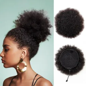 Boymia Afro Puff Ponytail for Black Women - Natural Black 6 Inch 100% Human Hair Puff Hair Extensions Clip On Kinky Curly Ponytail Bun Durable Natural Soft and Smooth Hairpiece