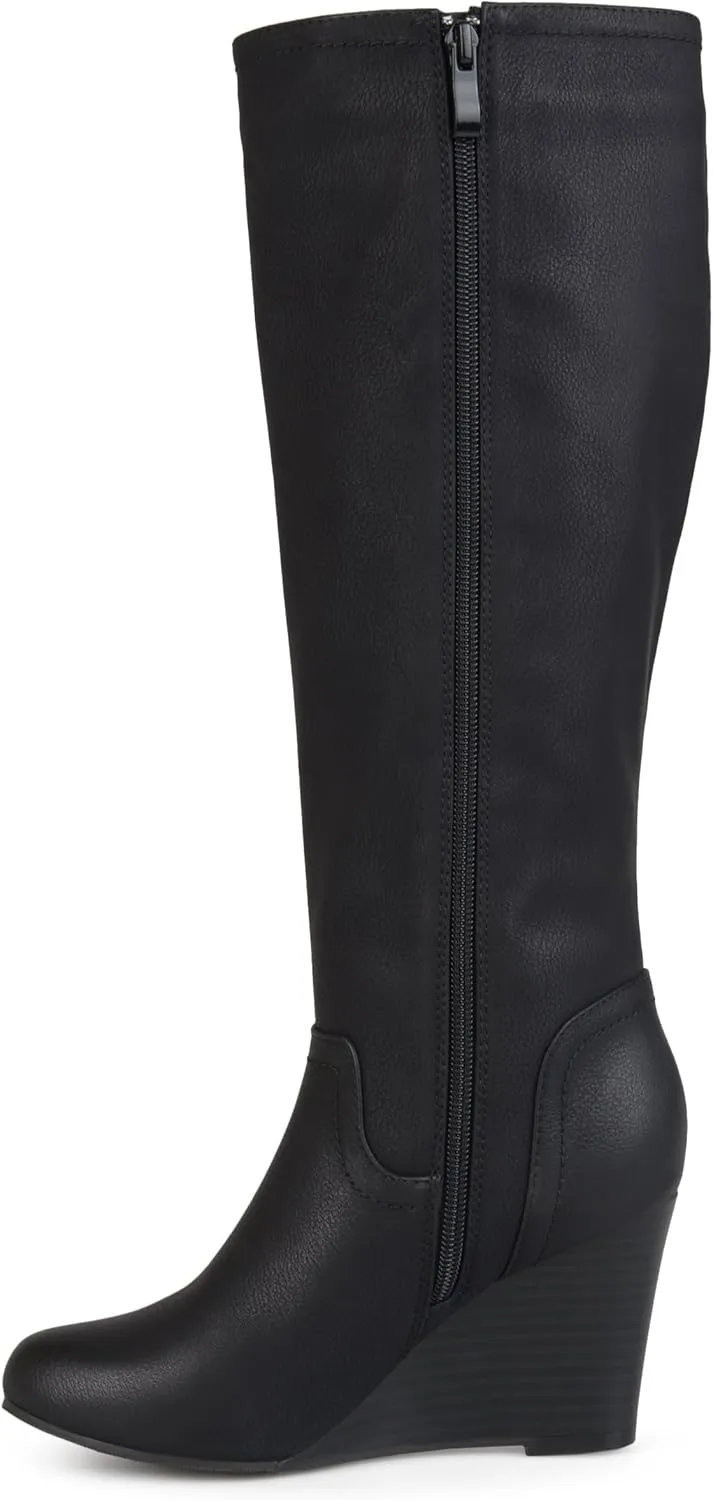 Brinley Co. Womens Regular and Wide Calf Round Toe Faux Leather Mid-calf Wedge Boots