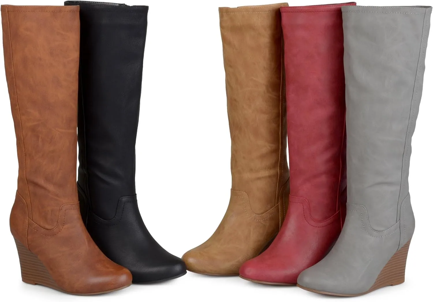 Brinley Co. Womens Regular and Wide Calf Round Toe Faux Leather Mid-calf Wedge Boots