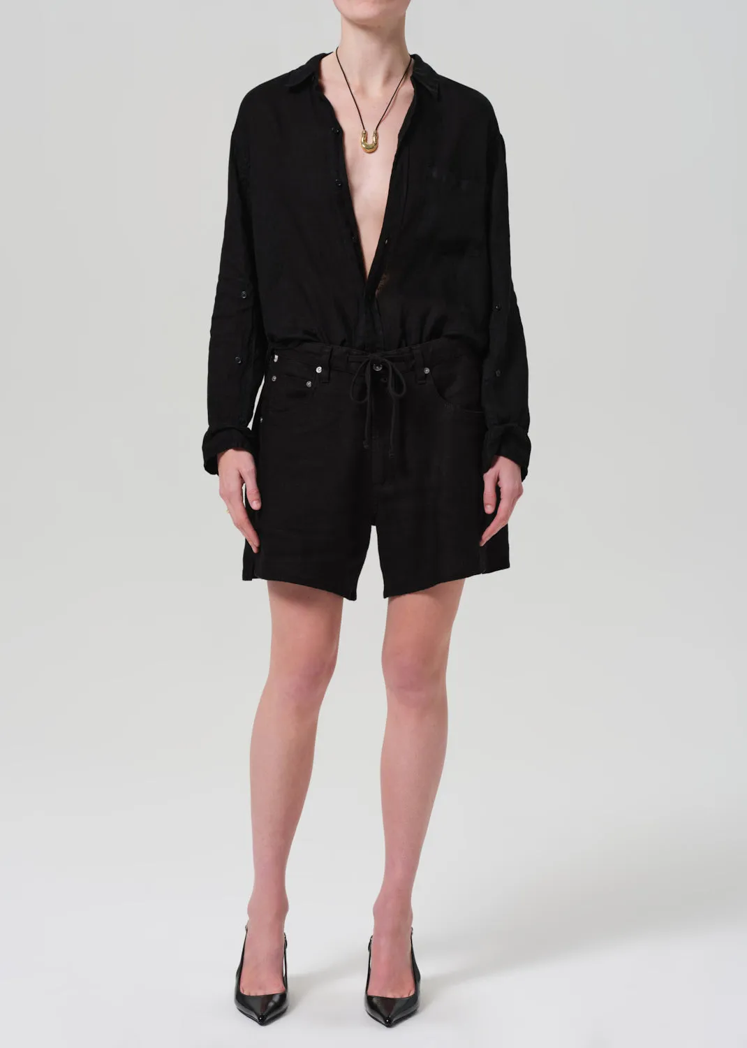Brynn Drawstring Linen Short in Black