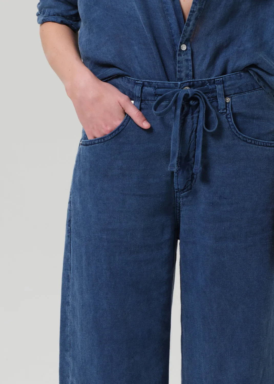 Brynn Drawstring Linen Trouser in Dark Indigo Stone