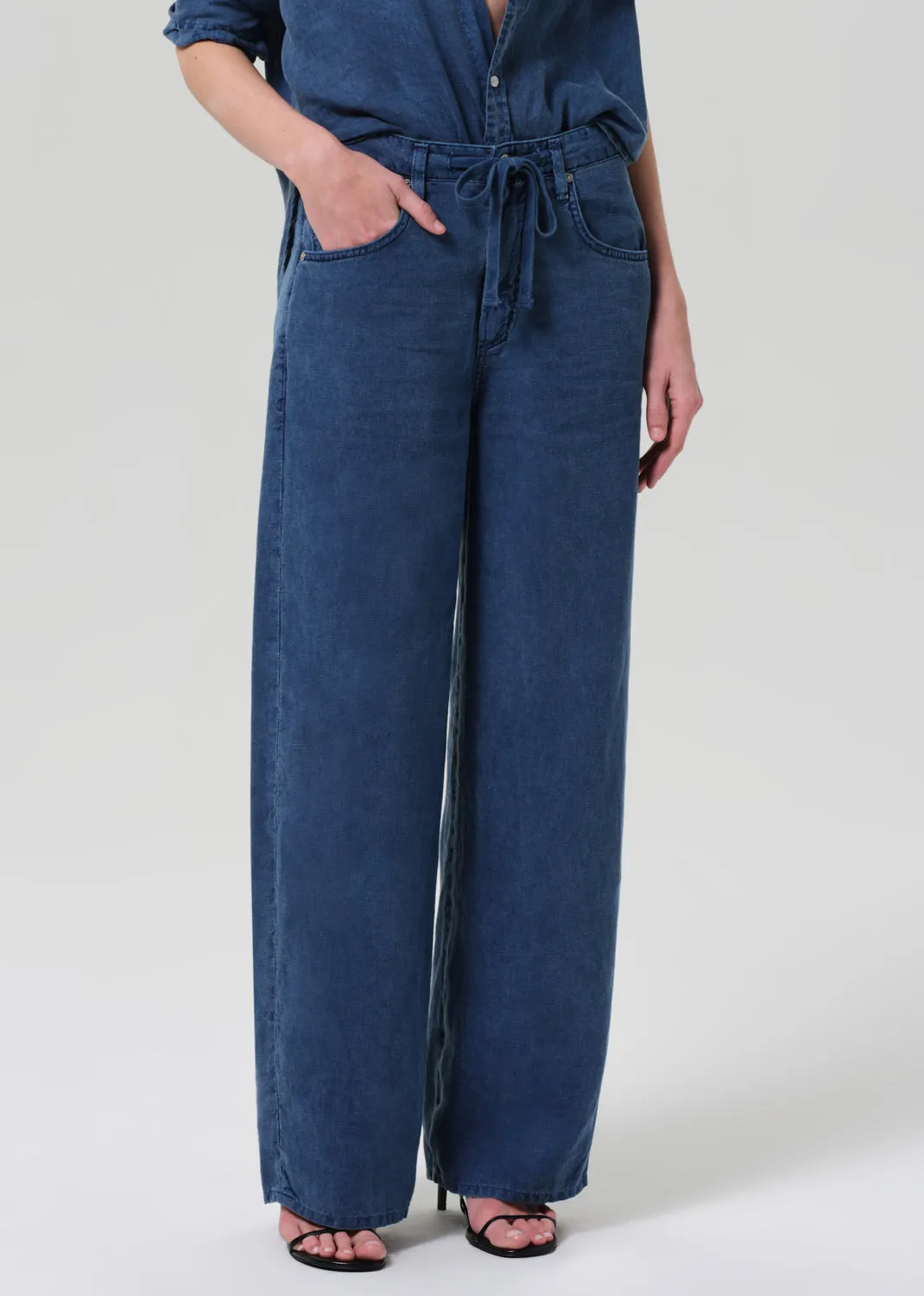 Brynn Drawstring Linen Trouser in Dark Indigo Stone