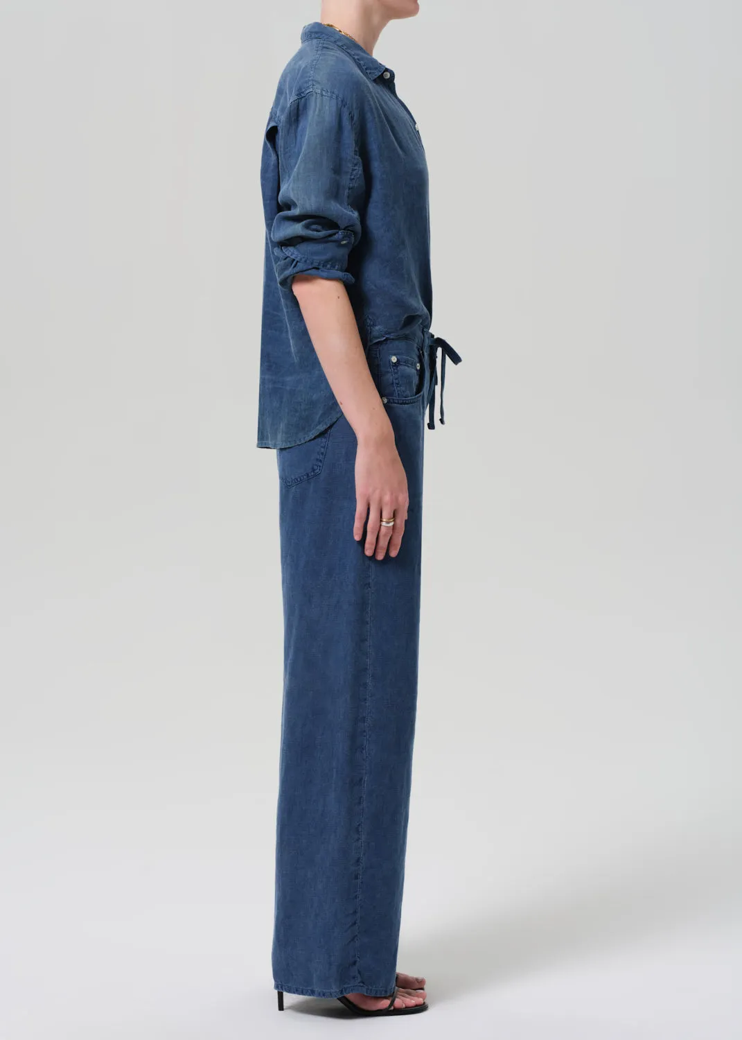 Brynn Drawstring Linen Trouser in Dark Indigo Stone