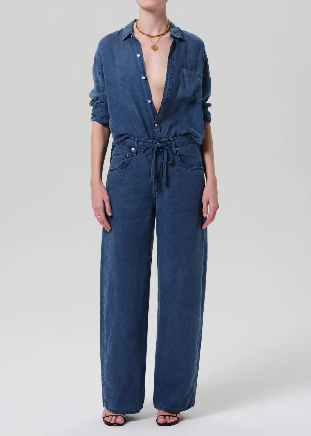 Brynn Drawstring Linen Trouser in Dark Indigo Stone