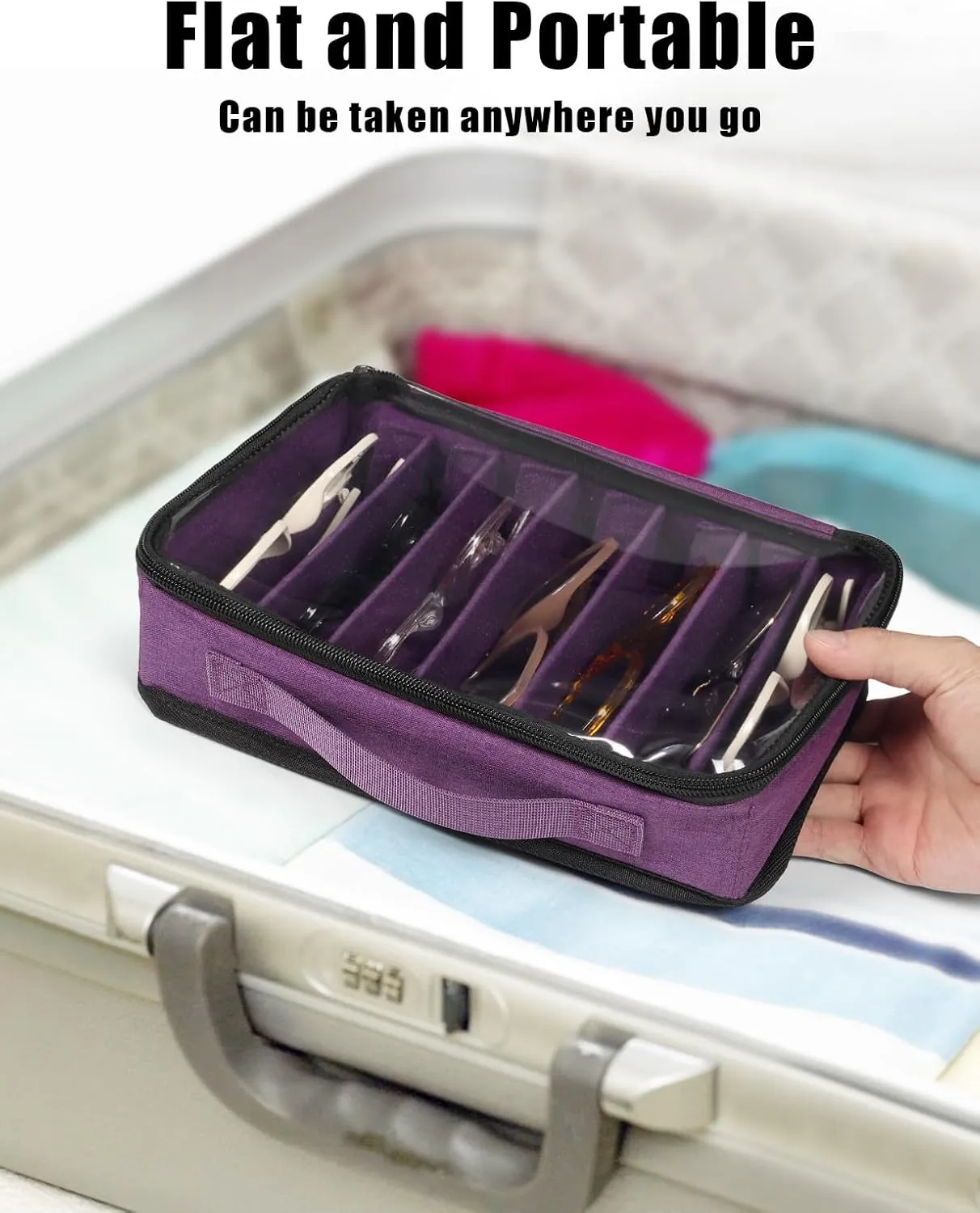 Bukere Sunglasses Organizer Case for Multiple Pairs, 7-12 Slots Adjustable Glasses Box Women Men, Travel Eyeglasses Storage