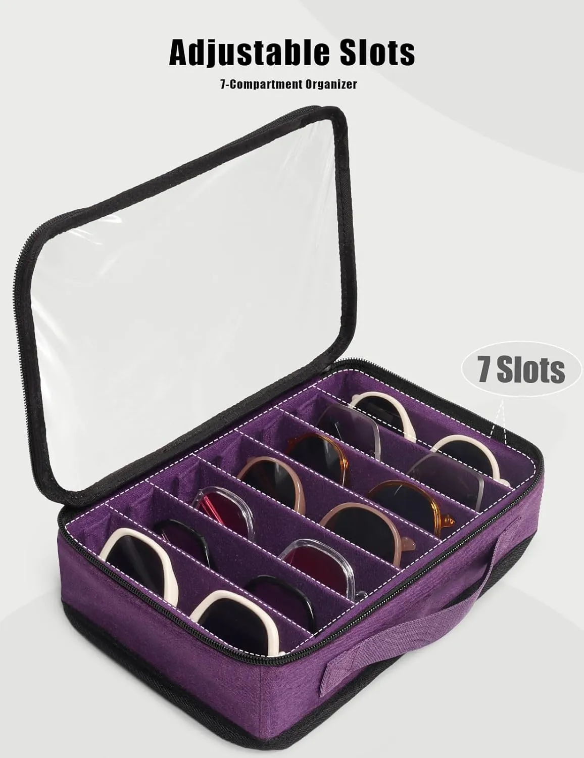 Bukere Sunglasses Organizer Case for Multiple Pairs, 7-12 Slots Adjustable Glasses Box Women Men, Travel Eyeglasses Storage