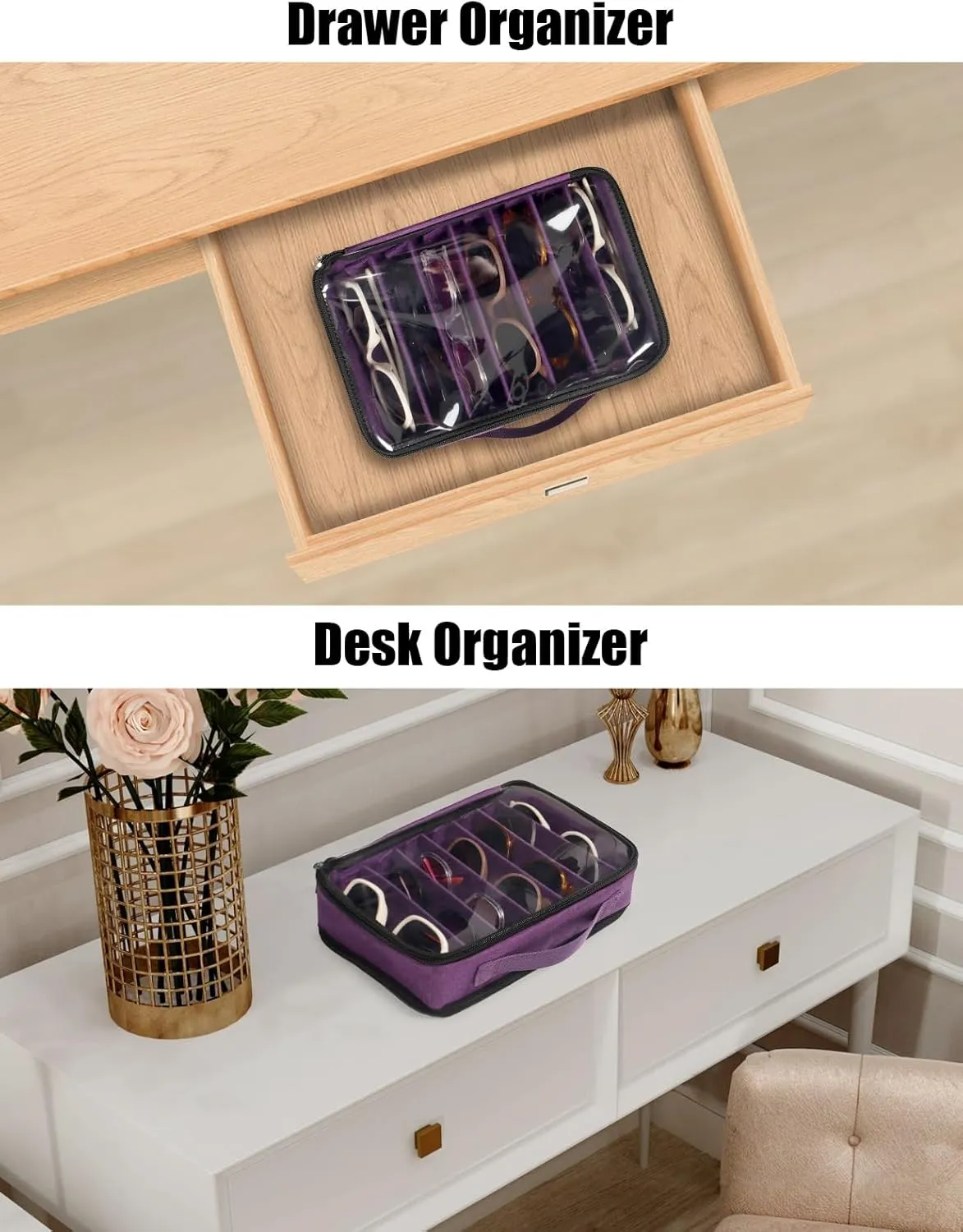 Bukere Sunglasses Organizer Case for Multiple Pairs, 7-12 Slots Adjustable Glasses Box Women Men, Travel Eyeglasses Storage