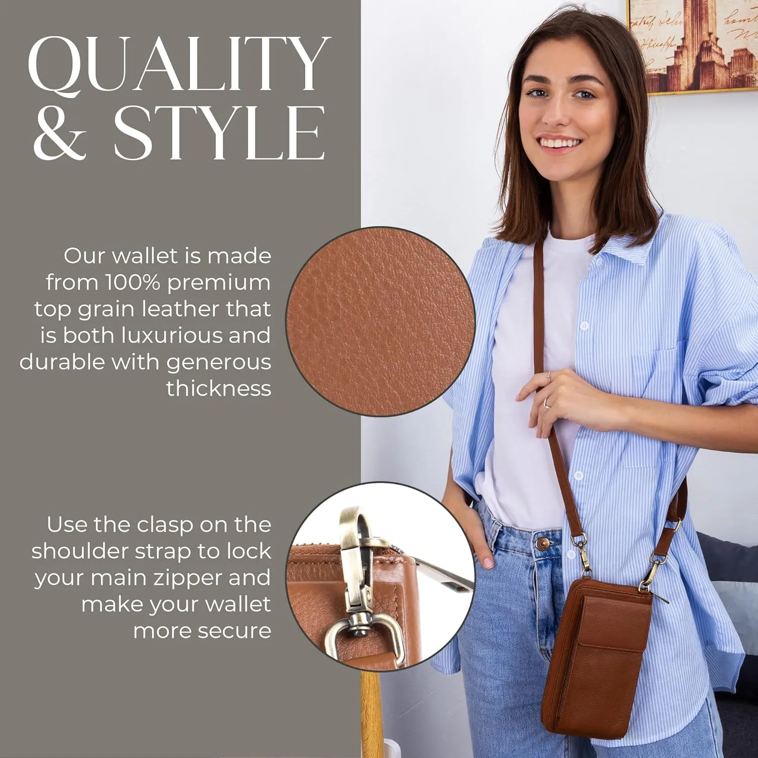 BULL GUARD Crossbody Leather Wallet Phone Purse, Anti Theft and RFID Blocking, Small Elegant Design for Travel