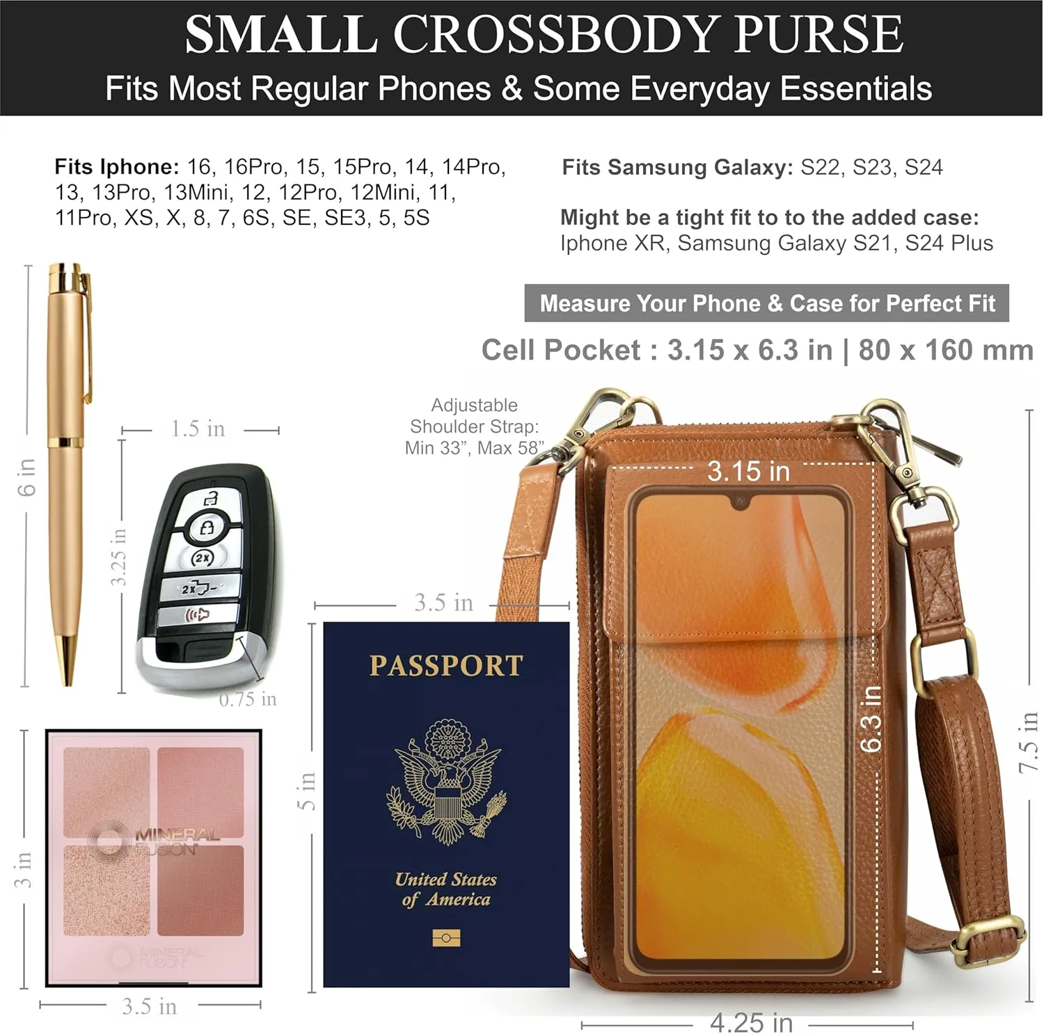 BULL GUARD Crossbody Leather Wallet Phone Purse, Anti Theft and RFID Blocking, Small Elegant Design for Travel