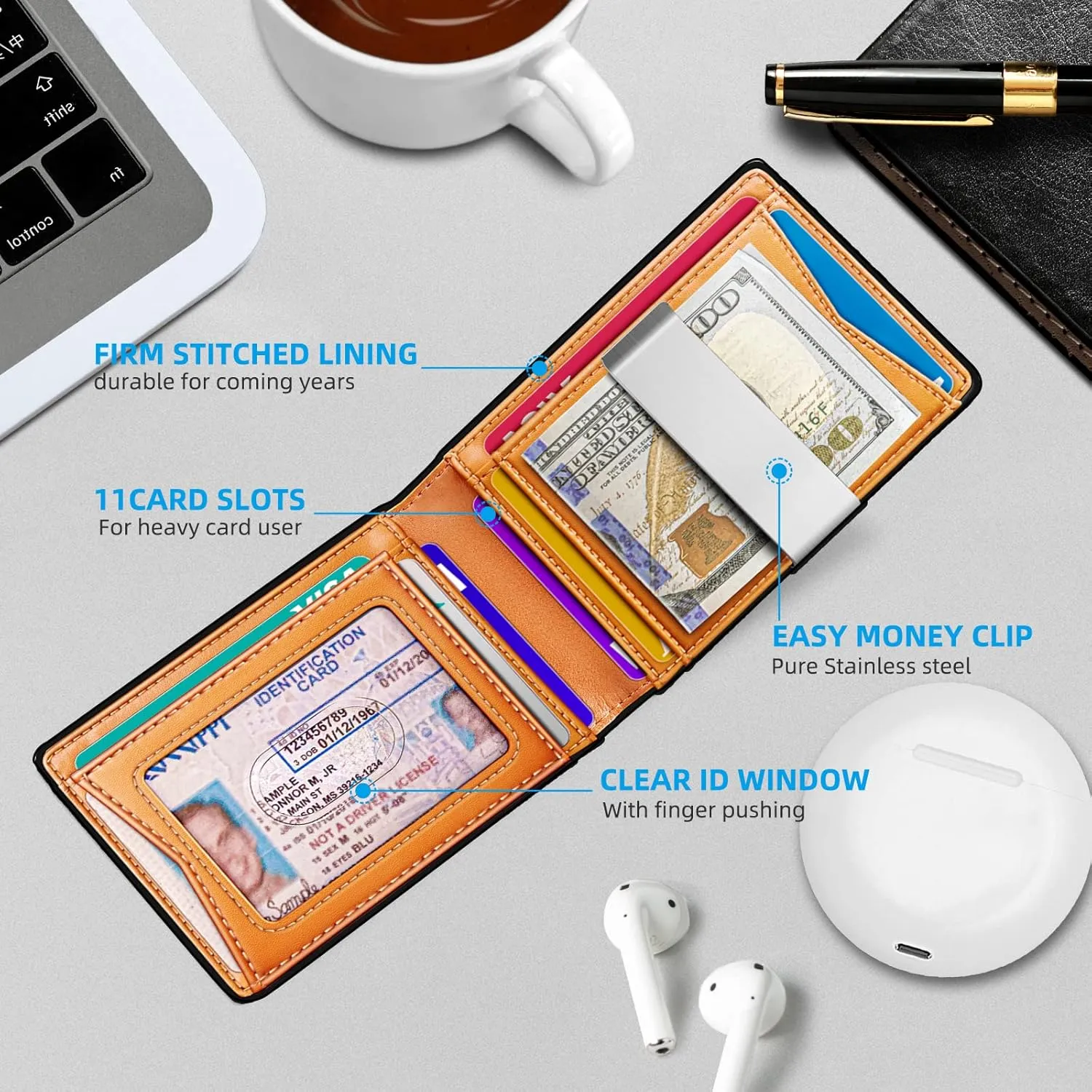 BULLIANT Men Wallet, Slim Leather Wallet Money Clip for Gift Men 3"X4.3" RFID Blocking 11 Cards
