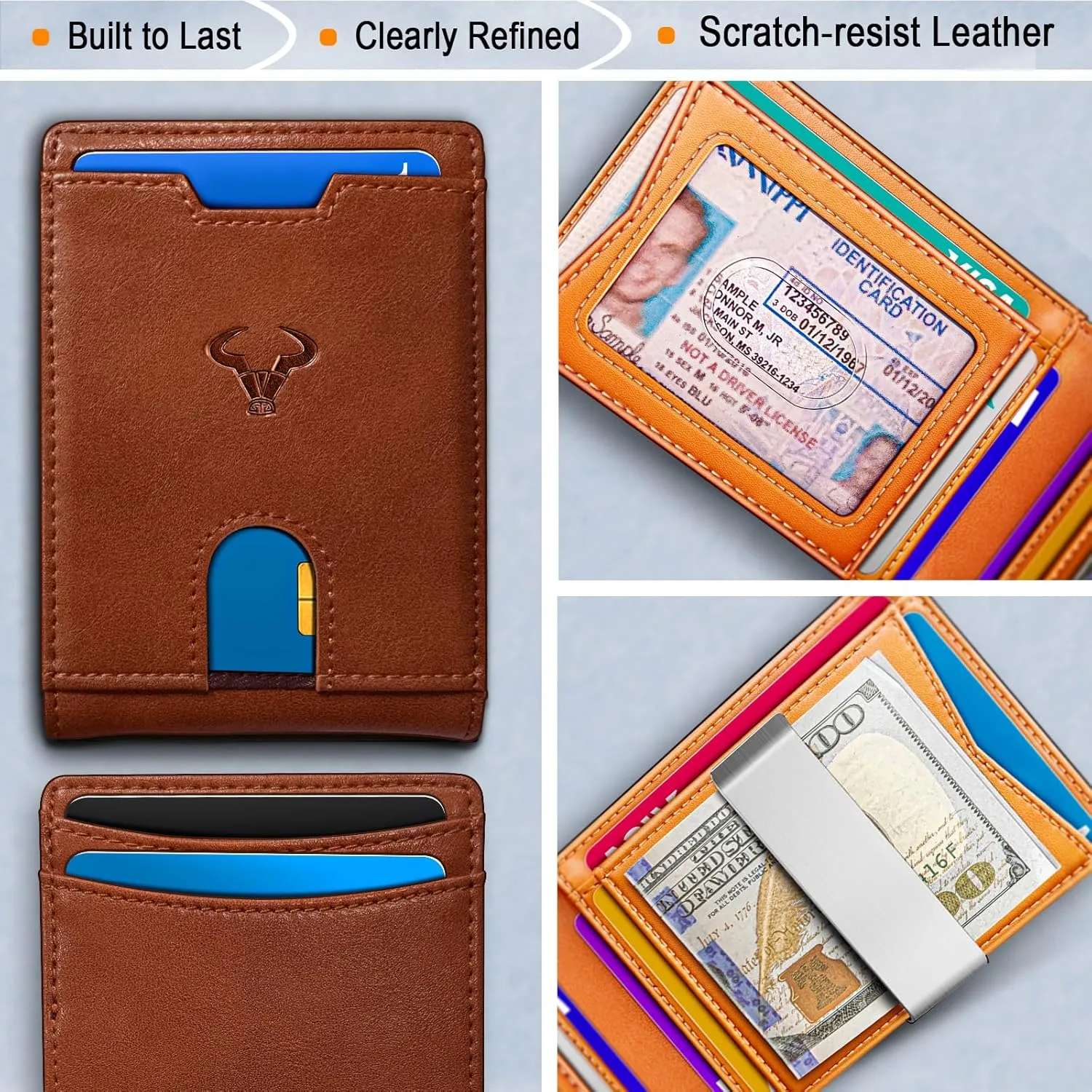 BULLIANT Men Wallet, Slim Leather Wallet Money Clip for Gift Men 3"X4.3" RFID Blocking 11 Cards