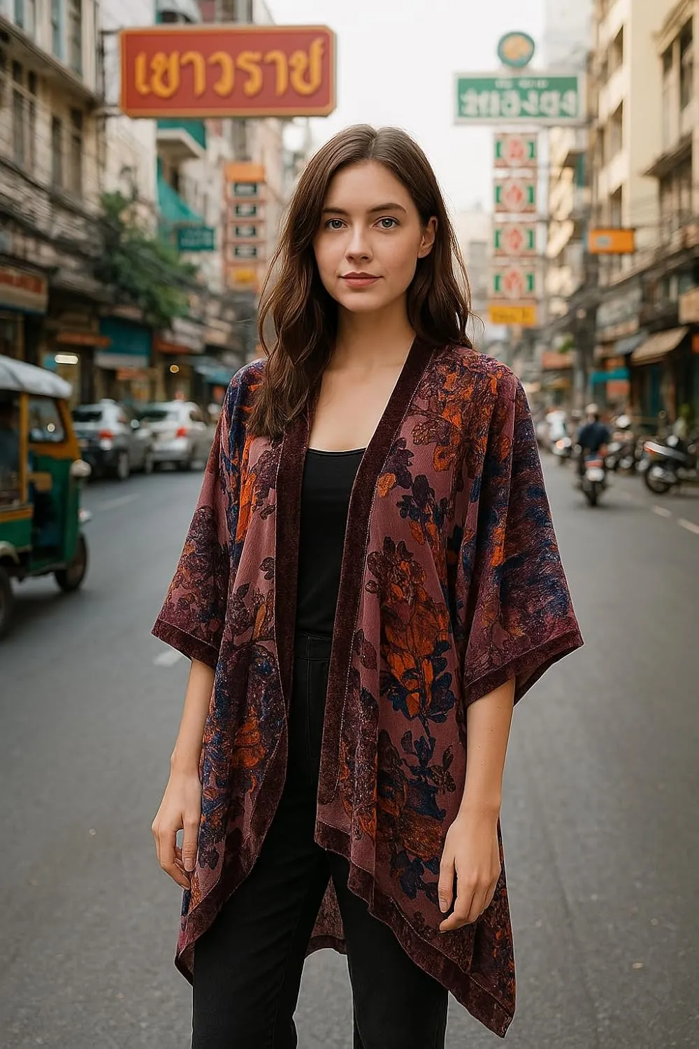 Burnout Velvet Kimono for Women Long Cardigan Cover Up Open Front Blazer
