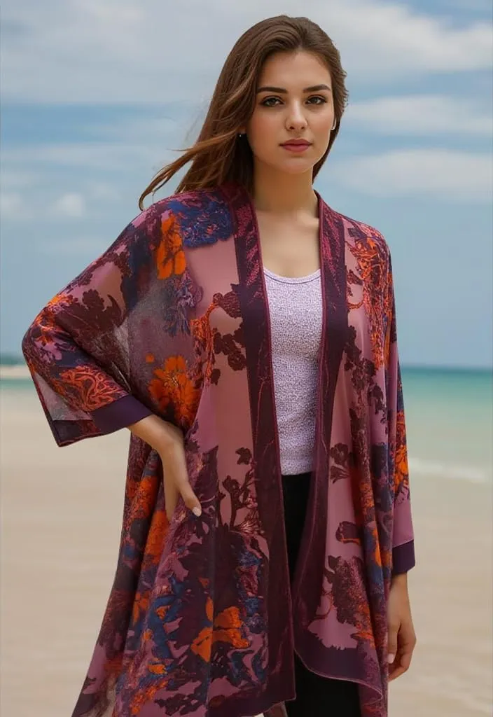 Burnout Velvet Kimono for Women Long Cardigan Cover Up Open Front Blazer
