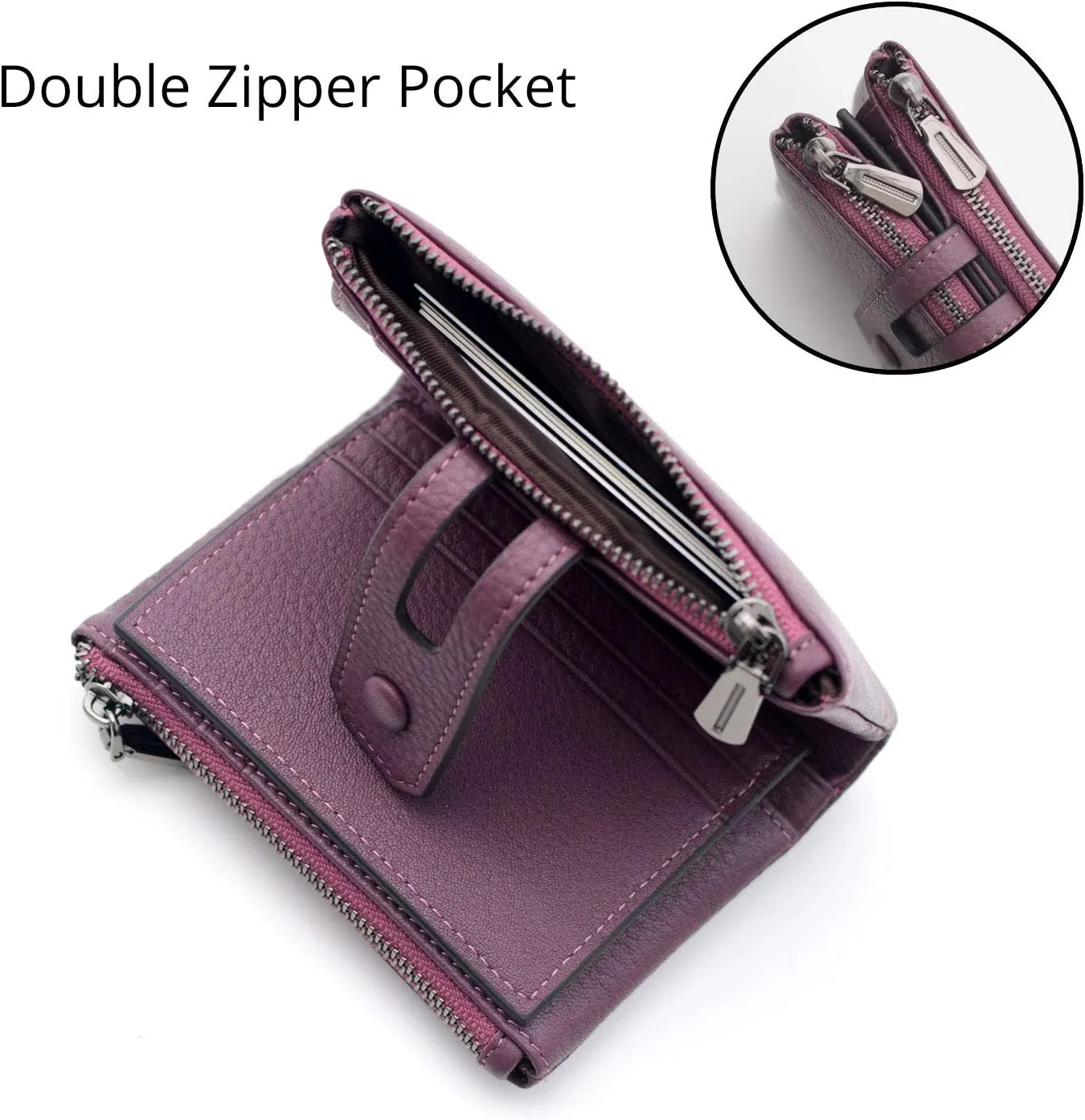 Bveyzi Small Soft Leather Wallet for Women RFID Blocking Ladies Card Holder with Double Zipper Pocket