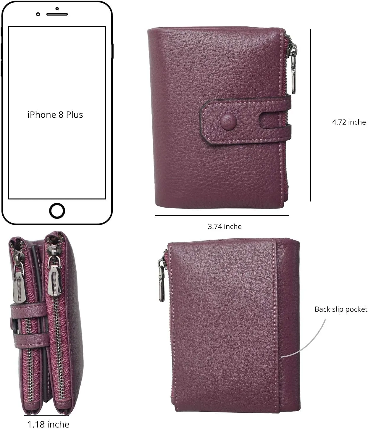 Bveyzi Small Soft Leather Wallet for Women RFID Blocking Ladies Card Holder with Double Zipper Pocket