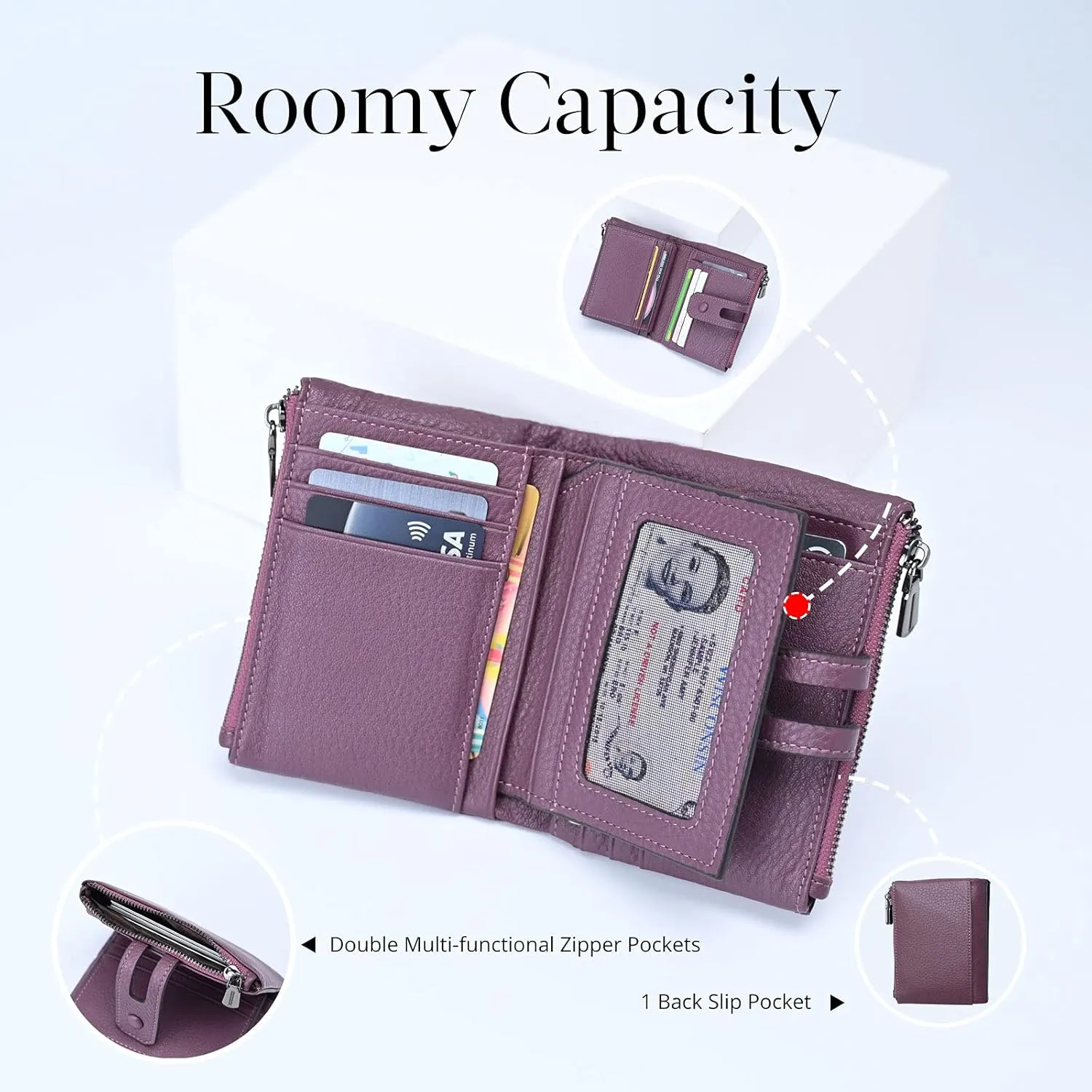 Bveyzi Small Soft Leather Wallet for Women RFID Blocking Ladies Card Holder with Double Zipper Pocket