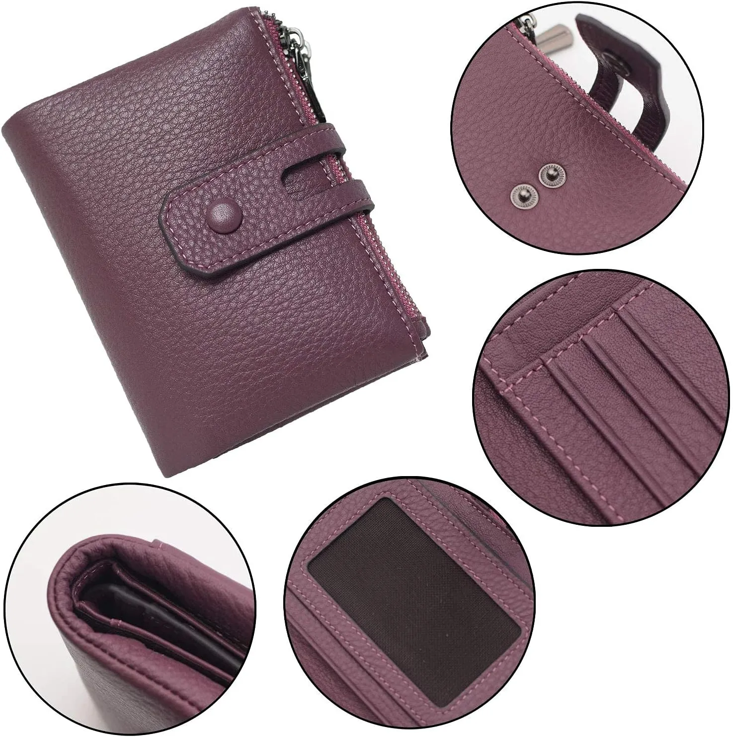 Bveyzi Small Soft Leather Wallet for Women RFID Blocking Ladies Card Holder with Double Zipper Pocket