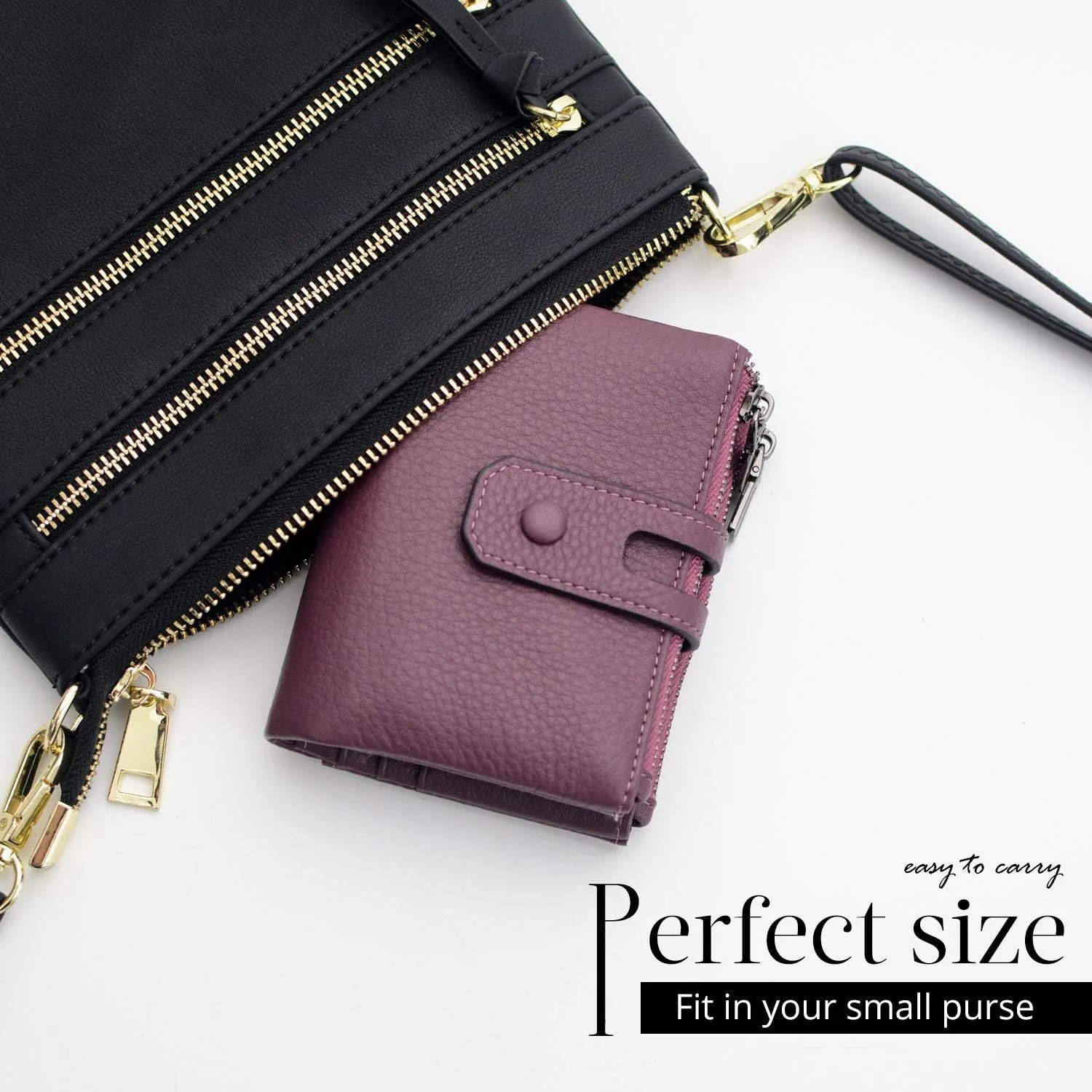 Bveyzi Small Soft Leather Wallet for Women RFID Blocking Ladies Card Holder with Double Zipper Pocket
