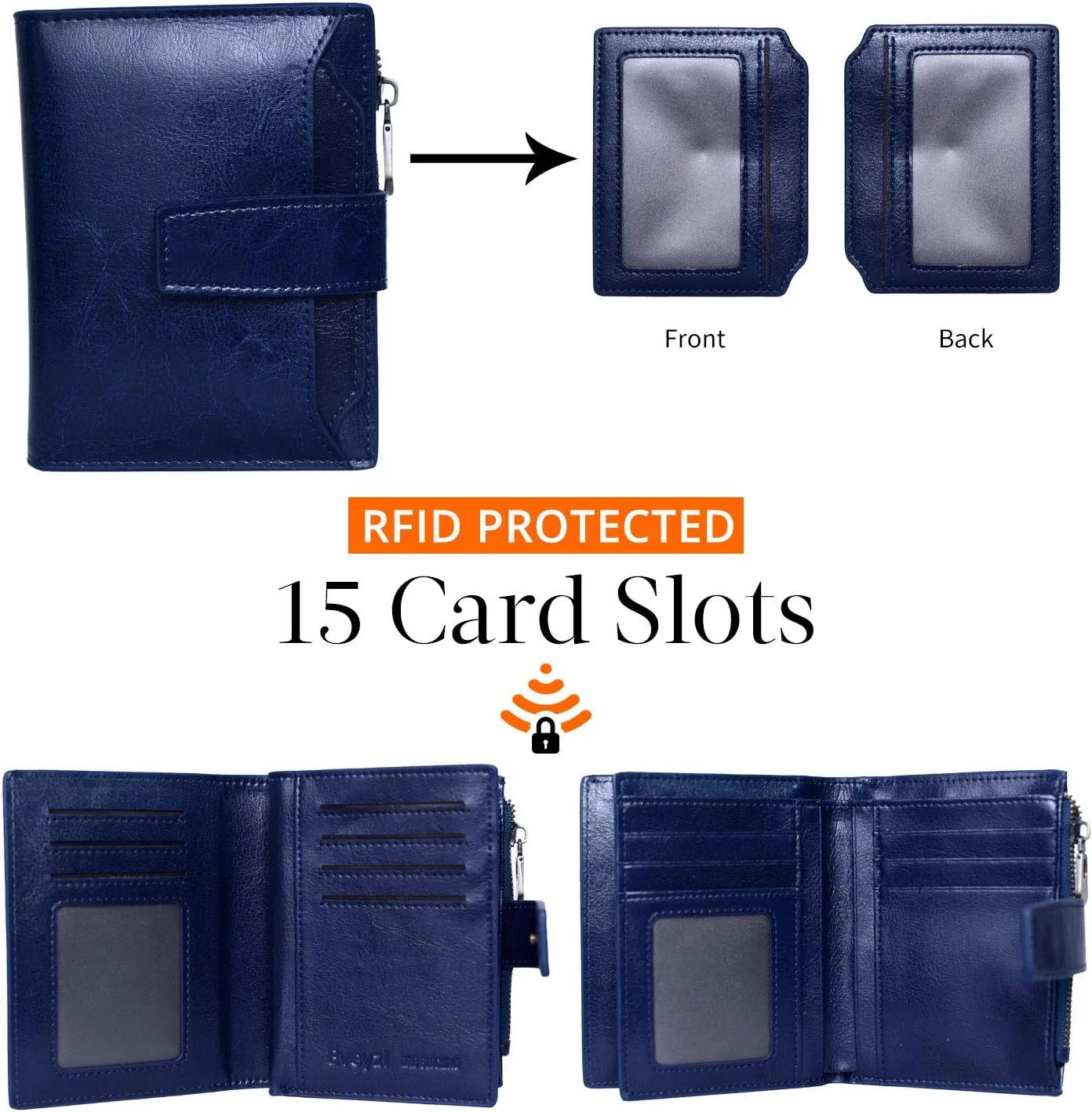 Bveyzi Women's Small Leather RFID Blocking Bifold Zipper Pocket Wallet Ladies Credit Card Slots Purse with id Window