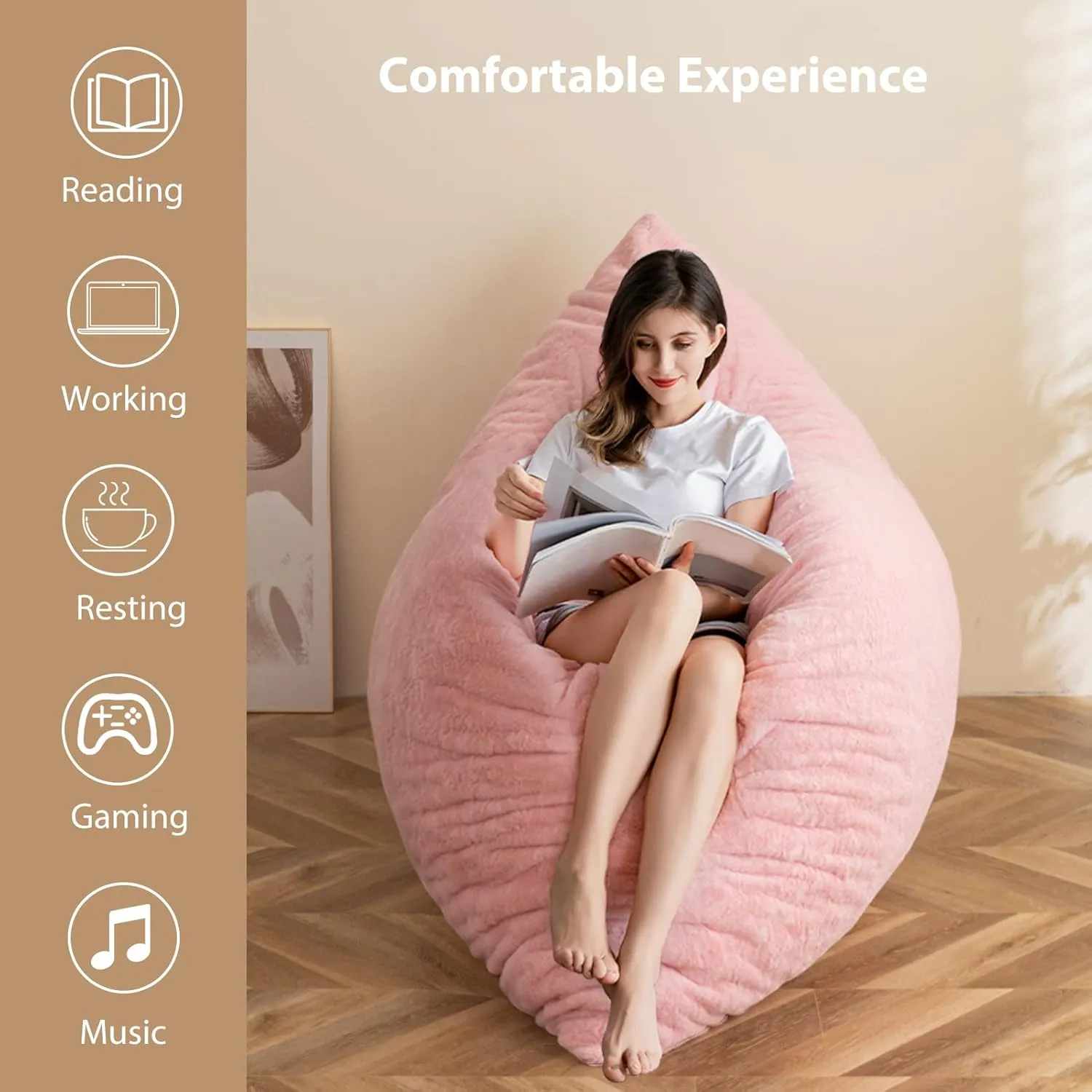 BYBYME 3 in 1 Bean Bag Chair, Convertible Chair Folds from Bean Bag to Lounger, High-Density Foam Filling, Faux Fur Big Sofa Bed, Giant Bean Bag Chair Bed for Adults