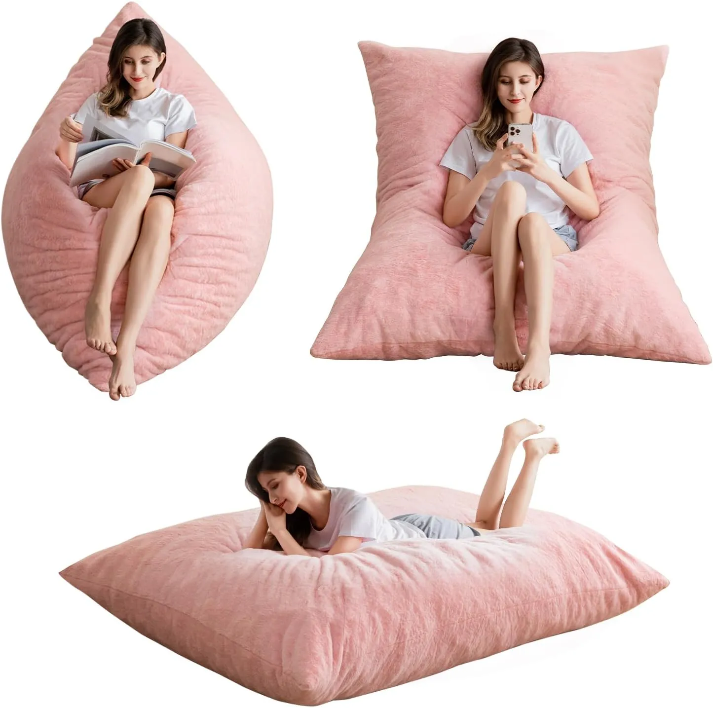 BYBYME 3 in 1 Bean Bag Chair, Convertible Chair Folds from Bean Bag to Lounger, High-Density Foam Filling, Faux Fur Big Sofa Bed, Giant Bean Bag Chair Bed for Adults