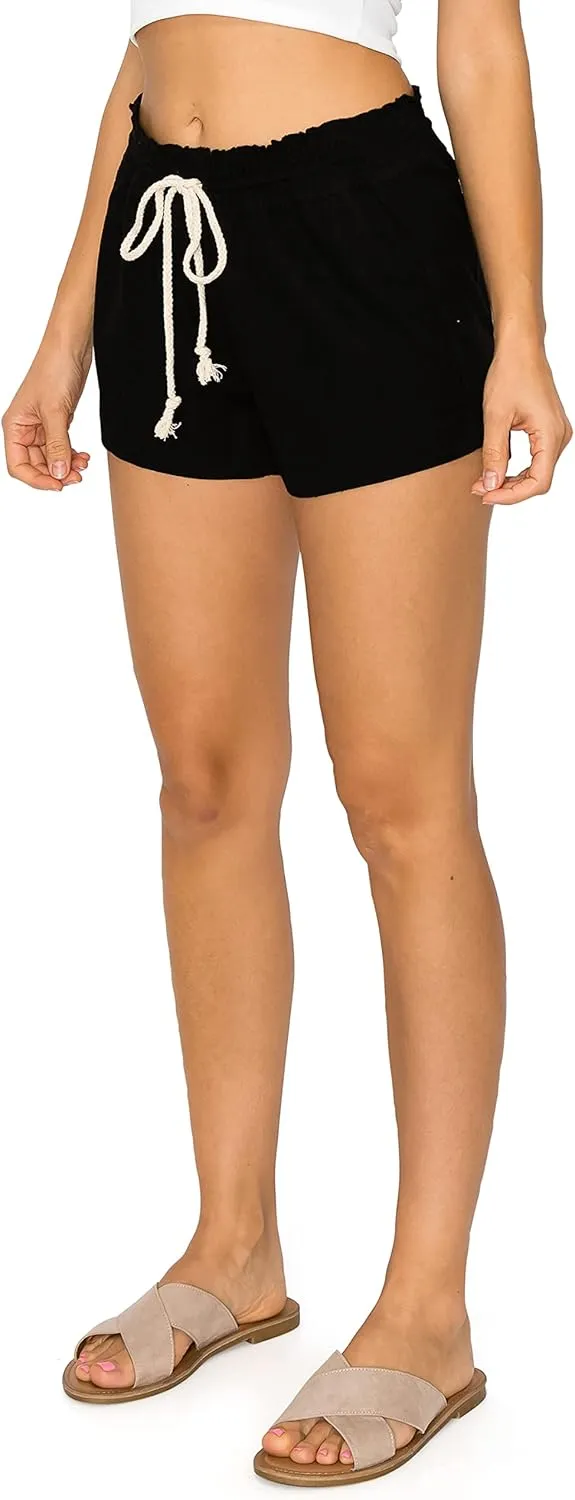 Cali1850 Women's Casual Linen Shorts - Drawstring Smocked Waist Oceanside Lounge Beach Printed Pants with Pockets