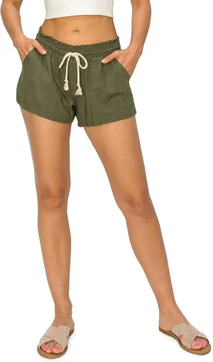Cali1850 Women's Casual Linen Shorts - Drawstring Smocked Waist Oceanside Lounge Beach Printed Pants with Pockets