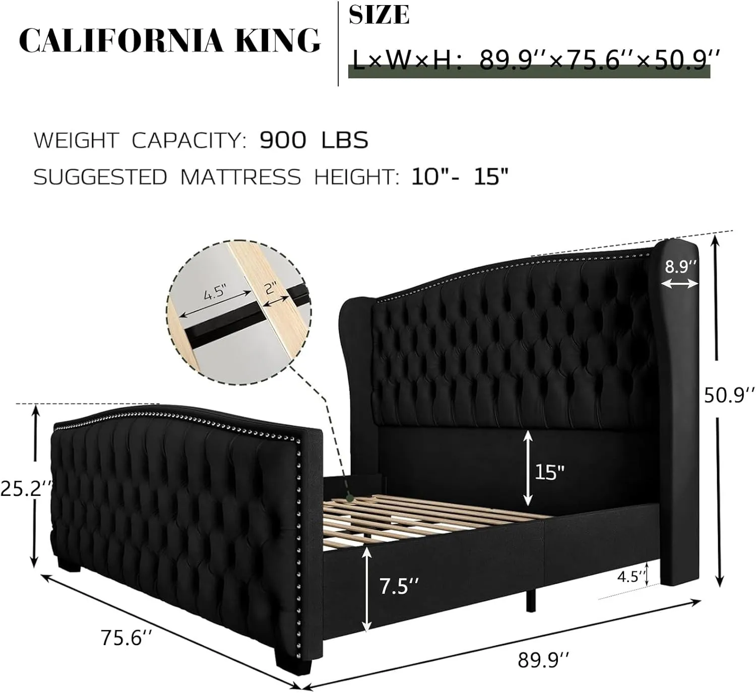 California King Platform Bed Frame, Velvet Upholstered Bed Frame with Wingback Headboard Handmade, Button Tufted & Nailhead, Wooden Slats Support, Black