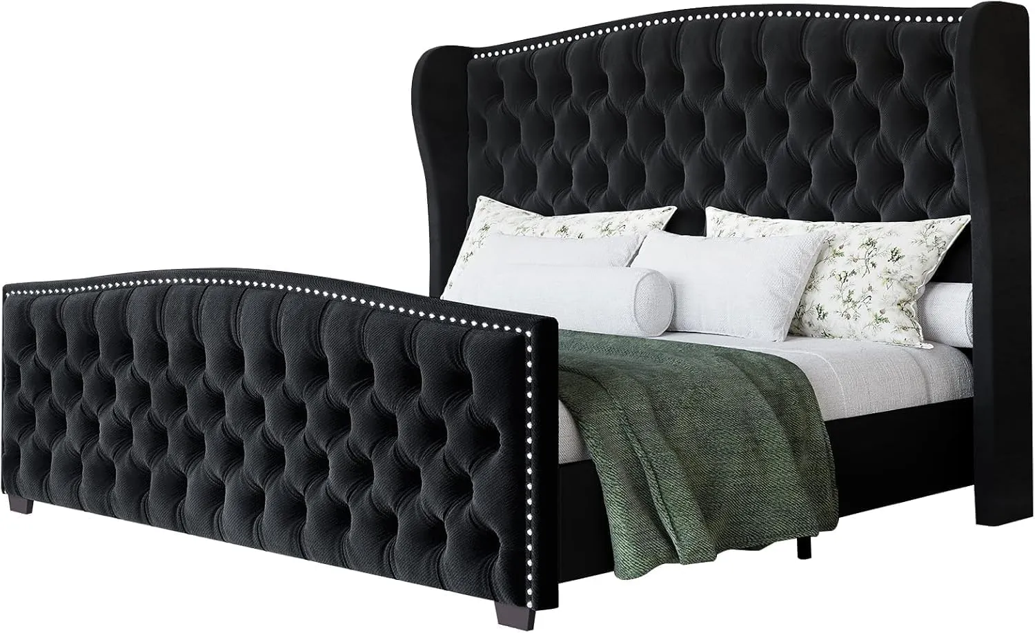 California King Platform Bed Frame, Velvet Upholstered Bed Frame with Wingback Headboard Handmade, Button Tufted & Nailhead, Wooden Slats Support, Black