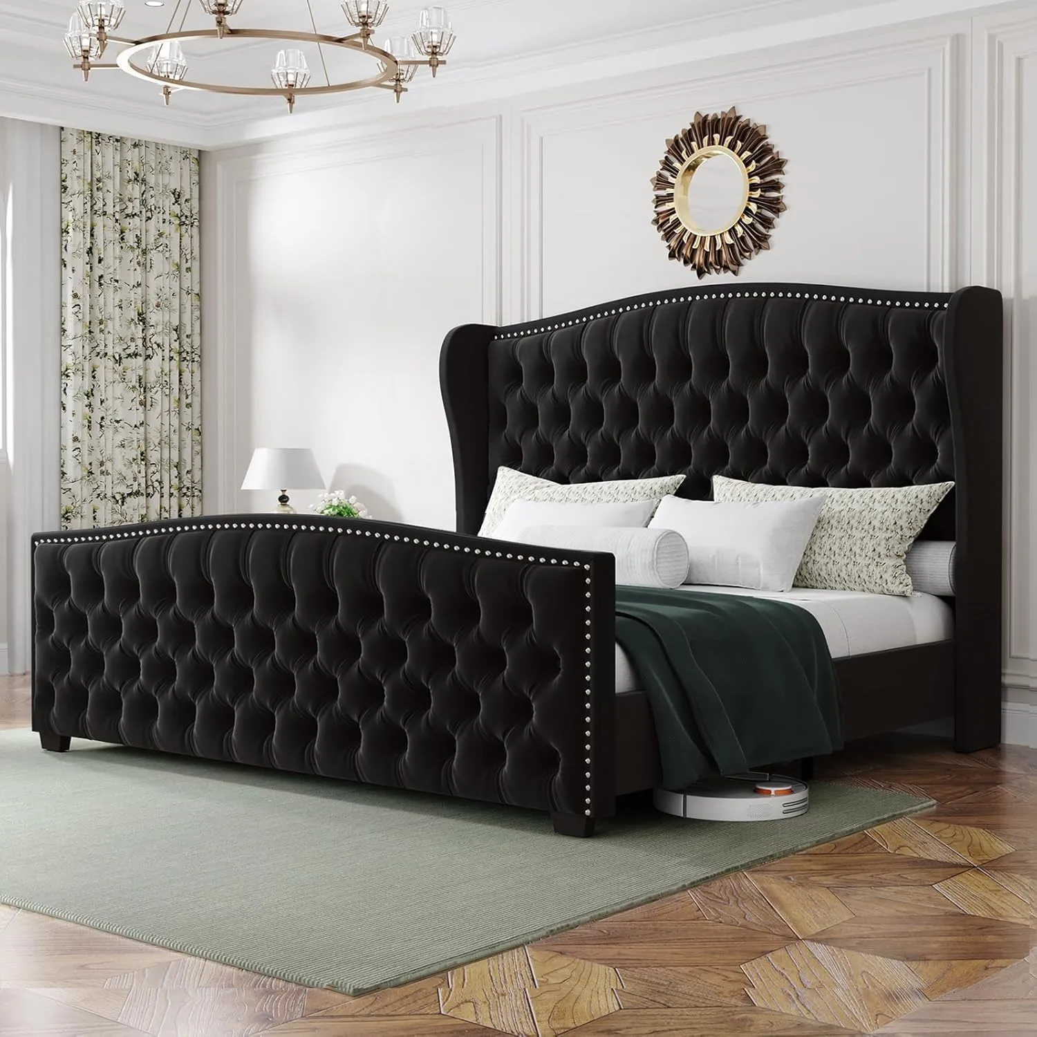 California King Platform Bed Frame, Velvet Upholstered Bed Frame with Wingback Headboard Handmade, Button Tufted & Nailhead, Wooden Slats Support, Black