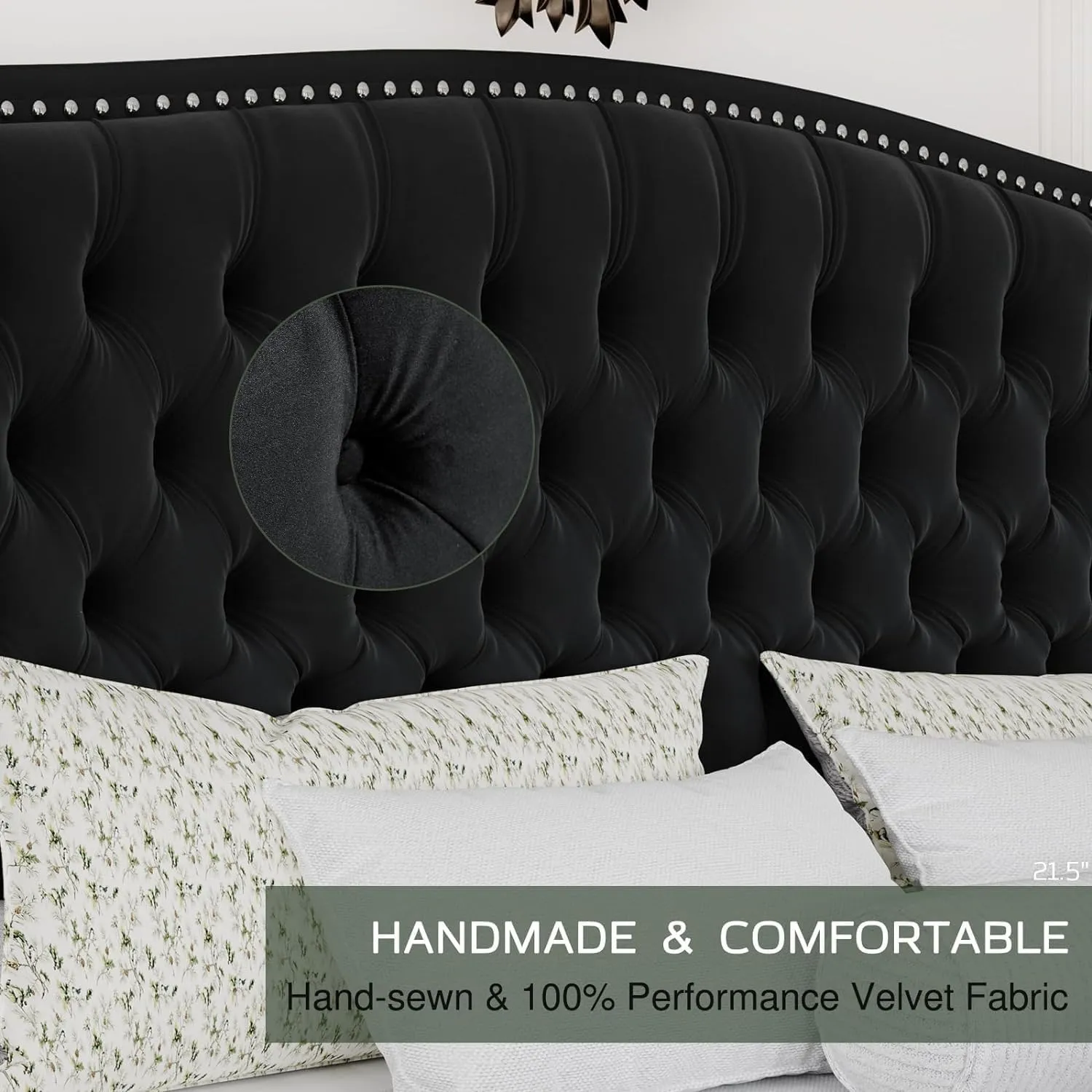 California King Platform Bed Frame, Velvet Upholstered Bed Frame with Wingback Headboard Handmade, Button Tufted & Nailhead, Wooden Slats Support, Black