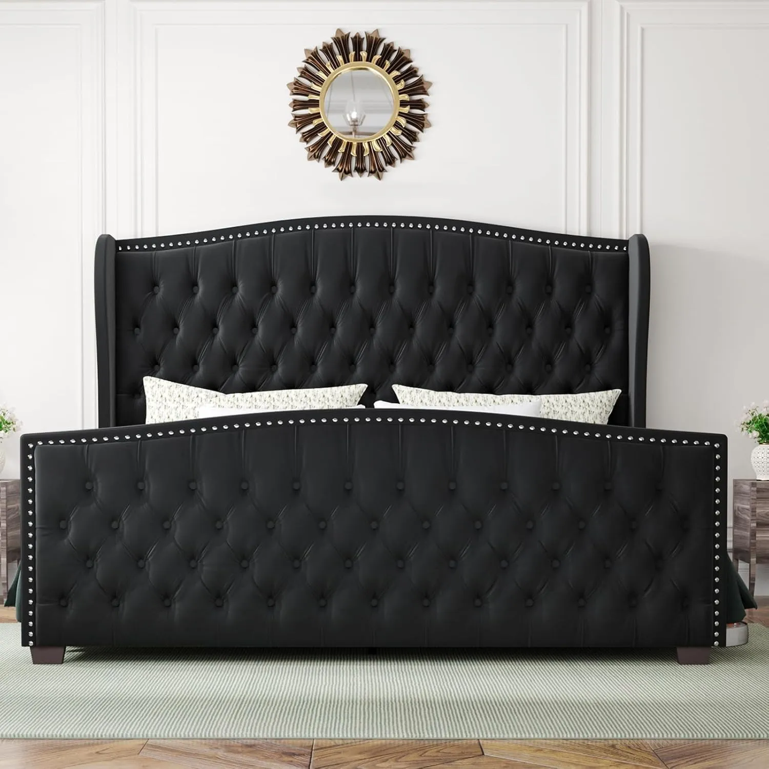 California King Platform Bed Frame, Velvet Upholstered Bed Frame with Wingback Headboard Handmade, Button Tufted & Nailhead, Wooden Slats Support, Black
