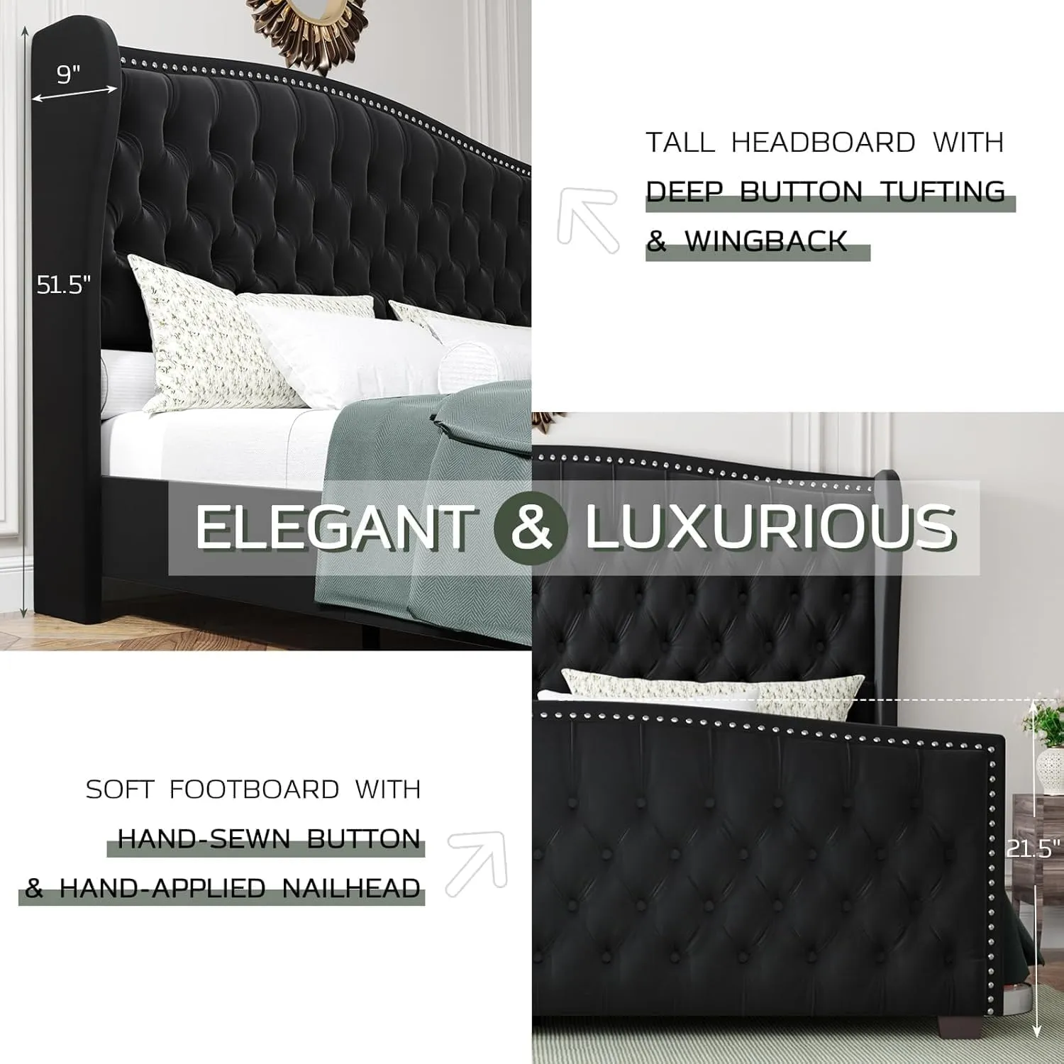 California King Platform Bed Frame, Velvet Upholstered Bed Frame with Wingback Headboard Handmade, Button Tufted & Nailhead, Wooden Slats Support, Black