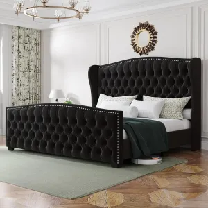 California King Platform Bed Frame, Velvet Upholstered Bed Frame with Wingback Headboard Handmade, Button Tufted & Nailhead, Wooden Slats Support, Black