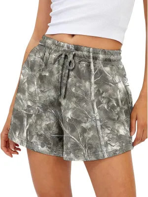 Camo Shorts Women Casual Elastic Waist Lounge Shorts Maple Leaf Print Drawstring Camouflage SweatShorts with Pocket