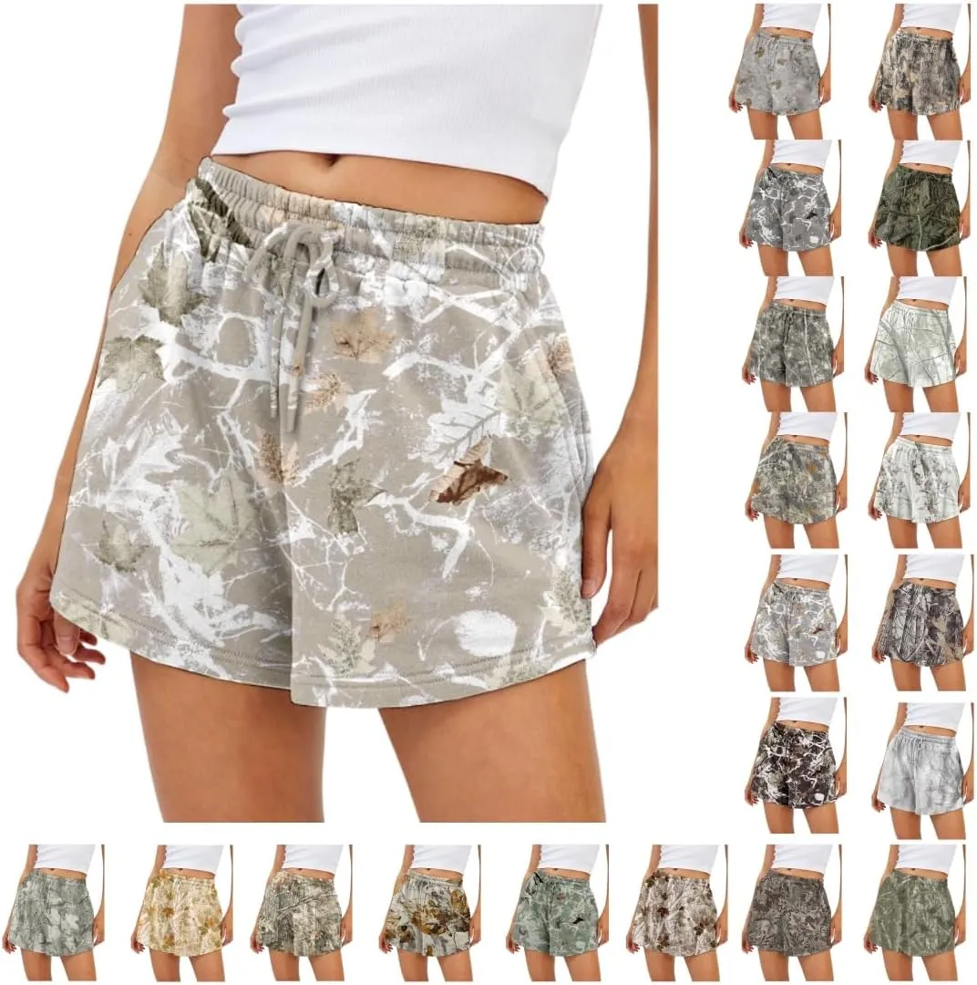 Camo Shorts Women Casual Elastic Waist Lounge Shorts Maple Leaf Print Drawstring Camouflage SweatShorts with Pocket