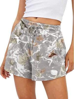 Camo Shorts Women Casual Elastic Waist Lounge Shorts Maple Leaf Print Drawstring Camouflage SweatShorts with Pocket
