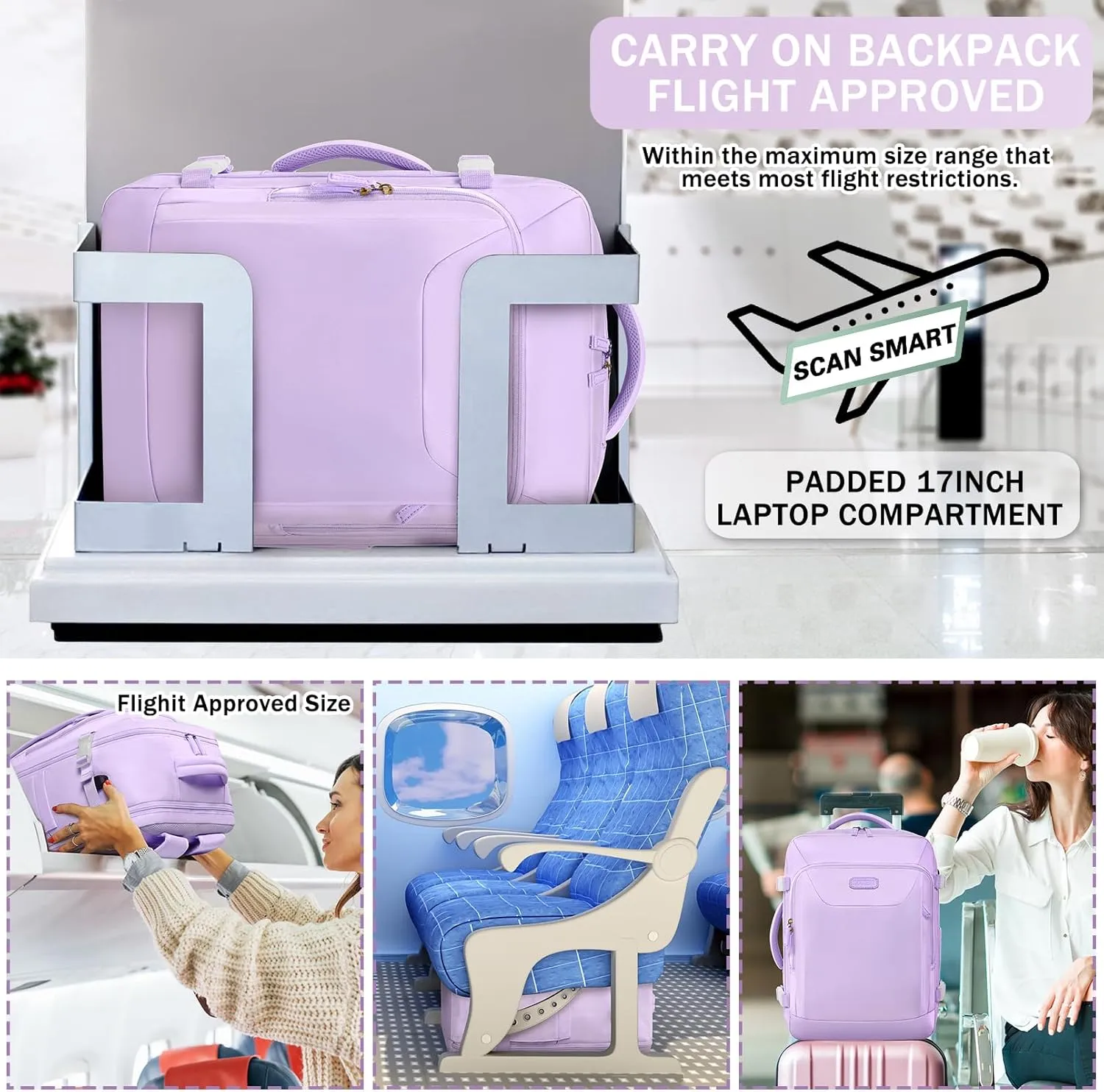 Carry on Backpack, 40L Flight Approved Large Travel Laptop Backpack with USB Charge Port, 17 Inch Water Resistant Luggage Computer Daypack College Weekender Overnight Bag for Men & Women, purple …