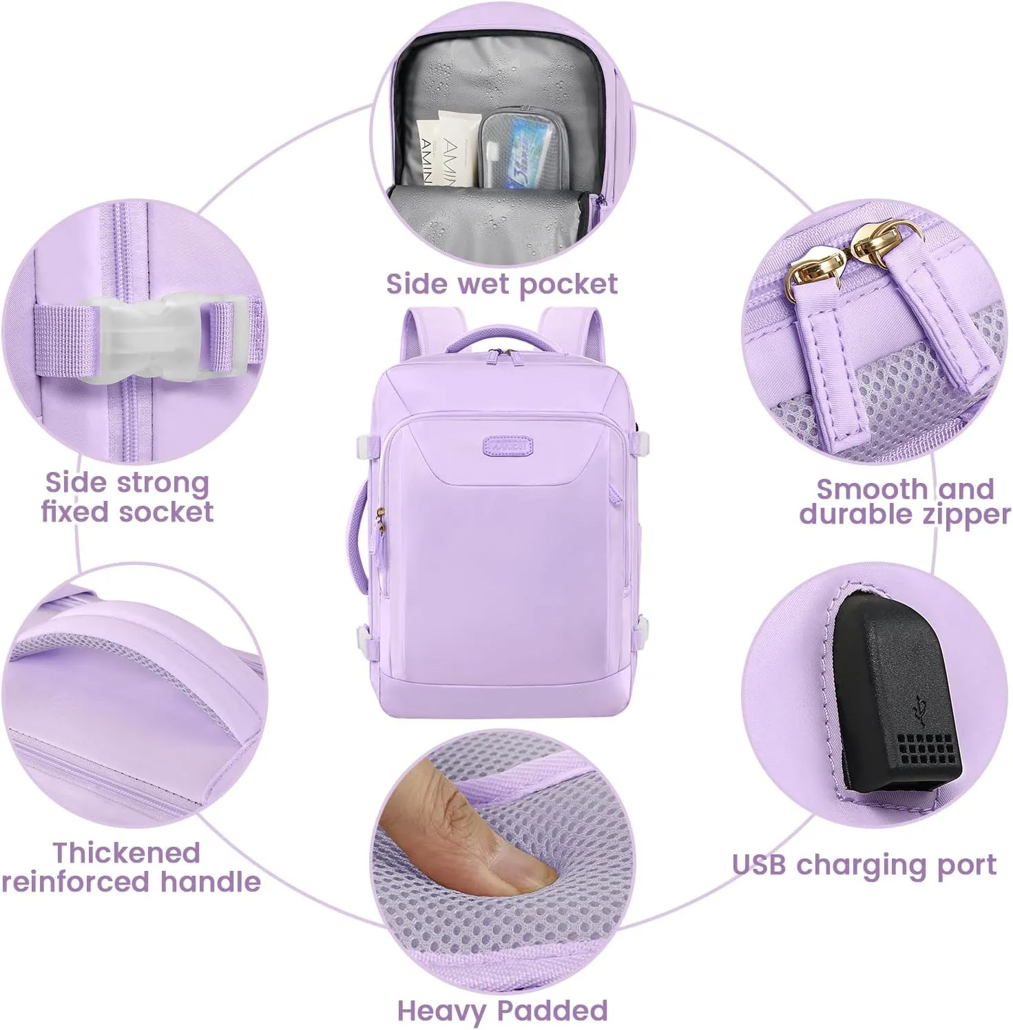Carry on Backpack, 40L Flight Approved Large Travel Laptop Backpack with USB Charge Port, 17 Inch Water Resistant Luggage Computer Daypack College Weekender Overnight Bag for Men & Women, purple …